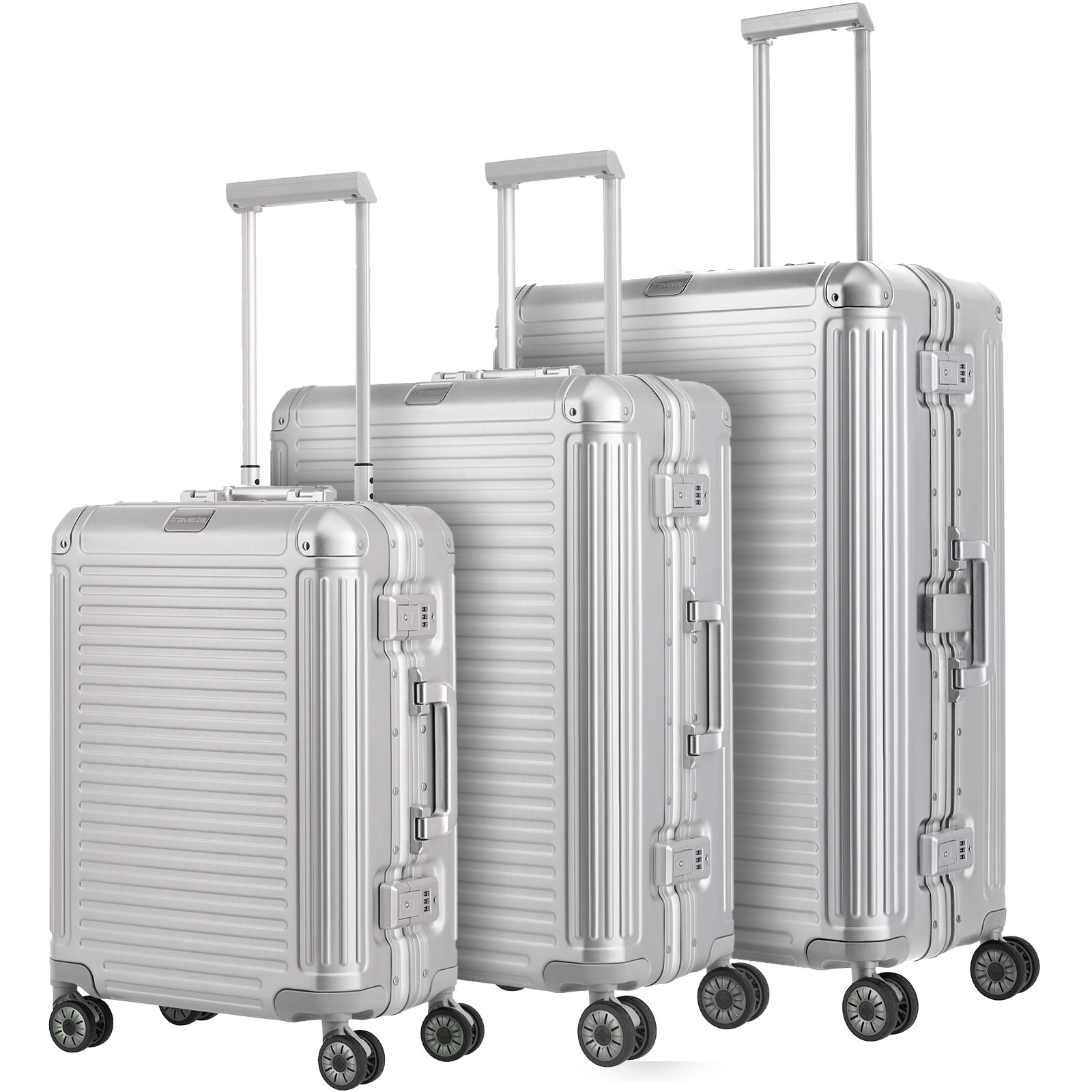 Travelite 3tlg. Set Aluminium Trolley Next S 55 cm M 66 cm L 77 cm mit 4 Rollen Silber