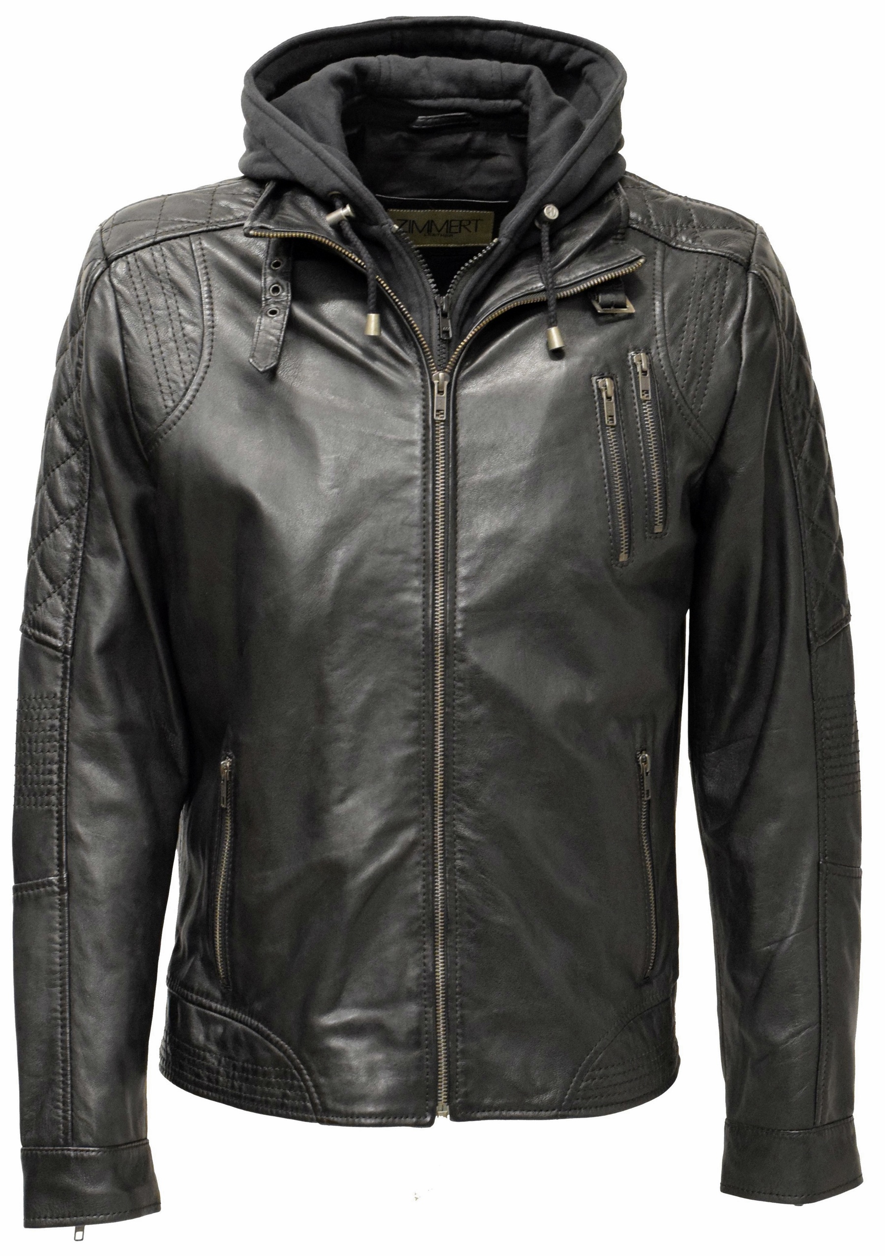 Herren Lederjacke Bastian gesteppt in washed Schwarz mit Kapuze