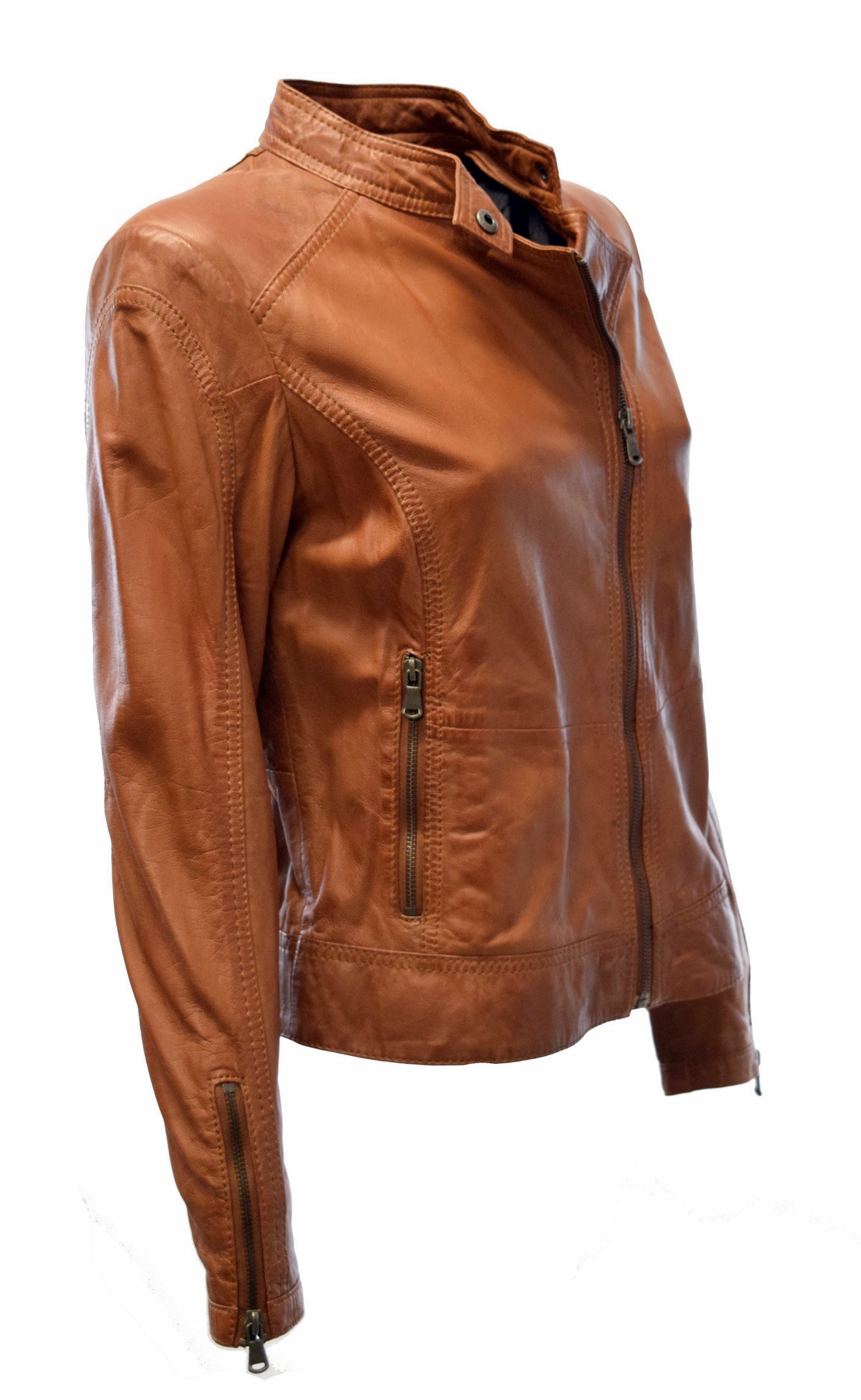 Damen Biker Lederjacke Wiki in washed Cognac Braun