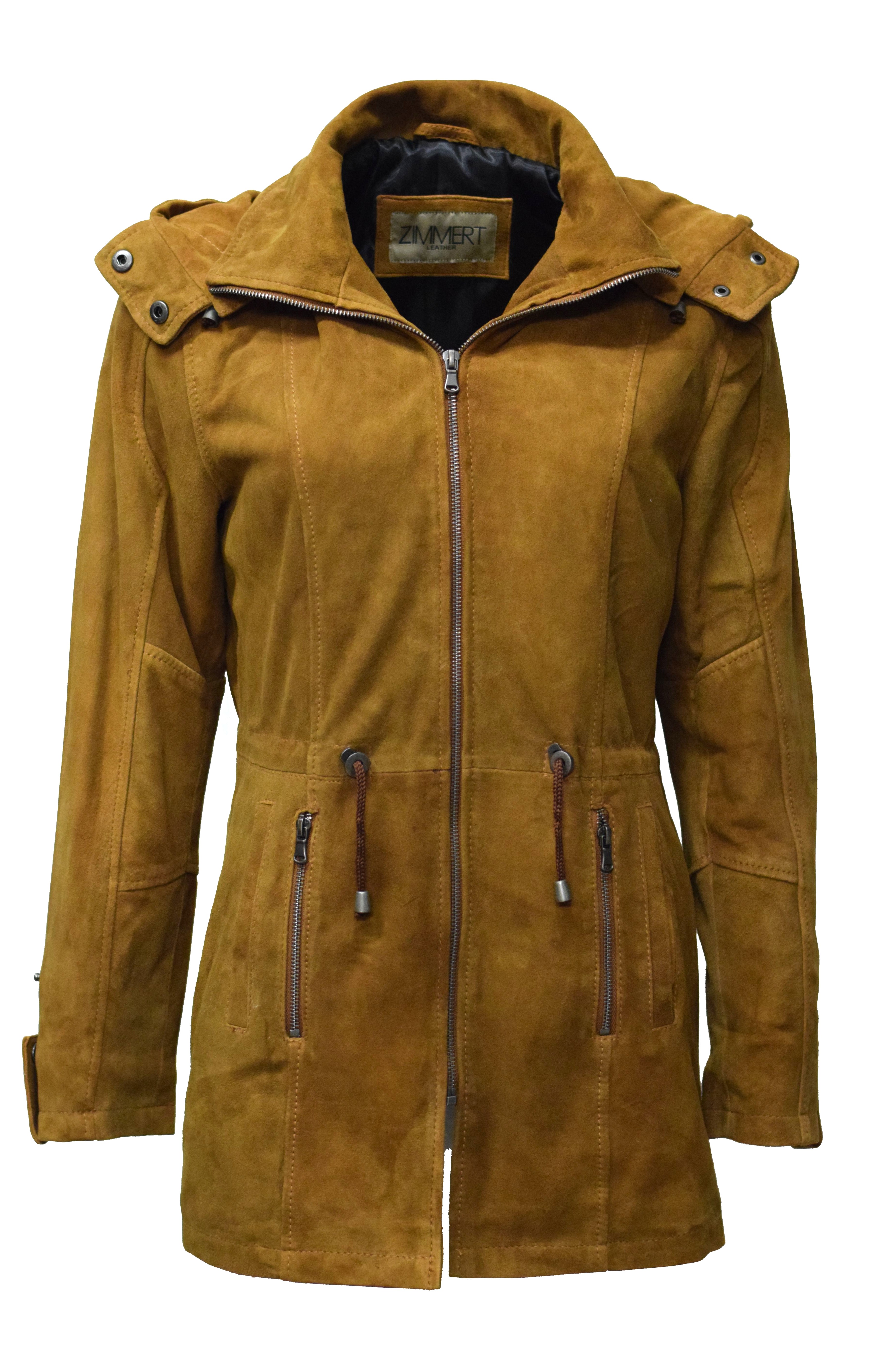Damen Lederparka Helene mit Kapuze aus Ziegenvelourleder in Cognac