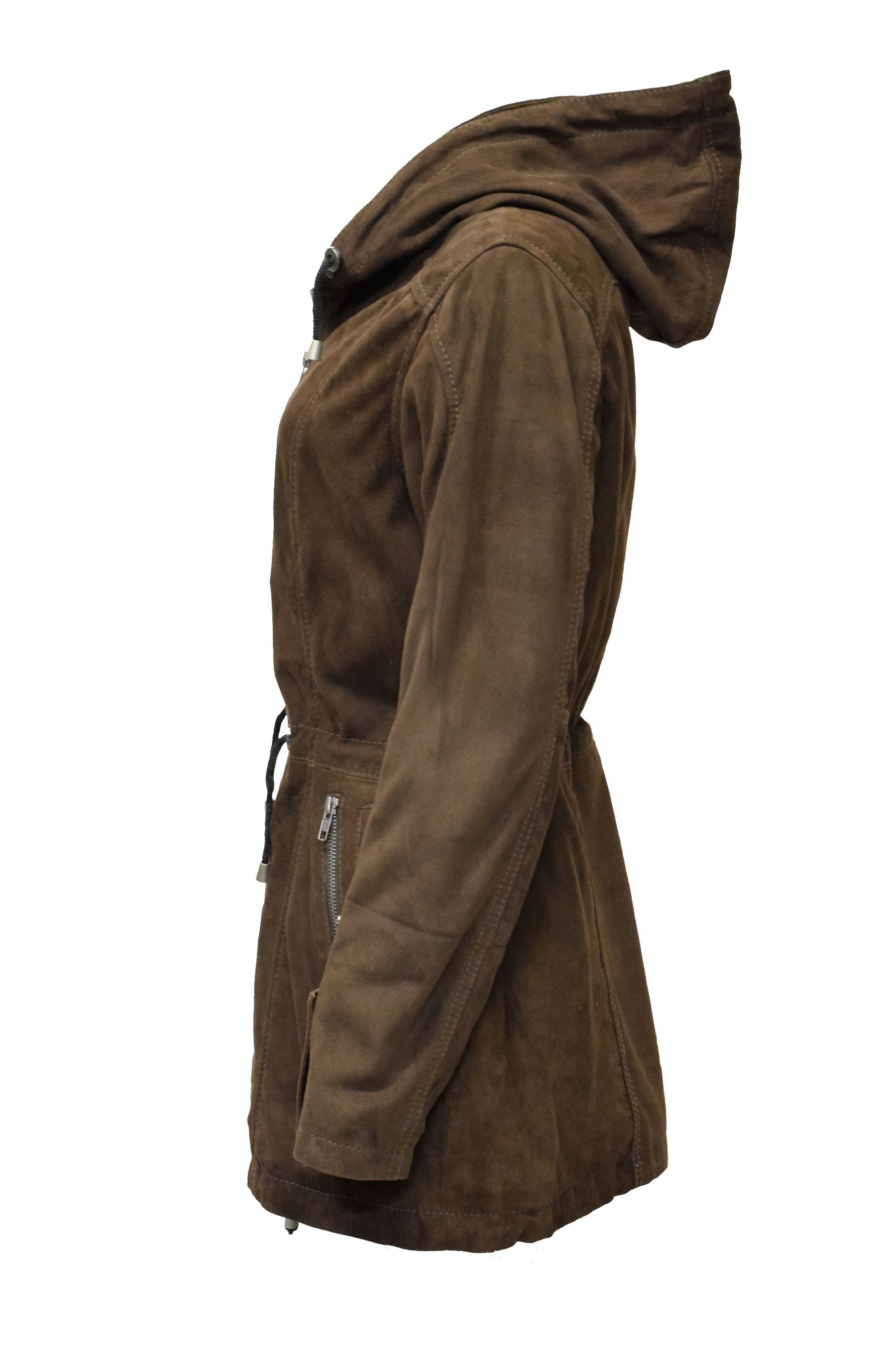Damen Lederjacke Lila mit Kapuze in Ziegenvelour Schokobraun