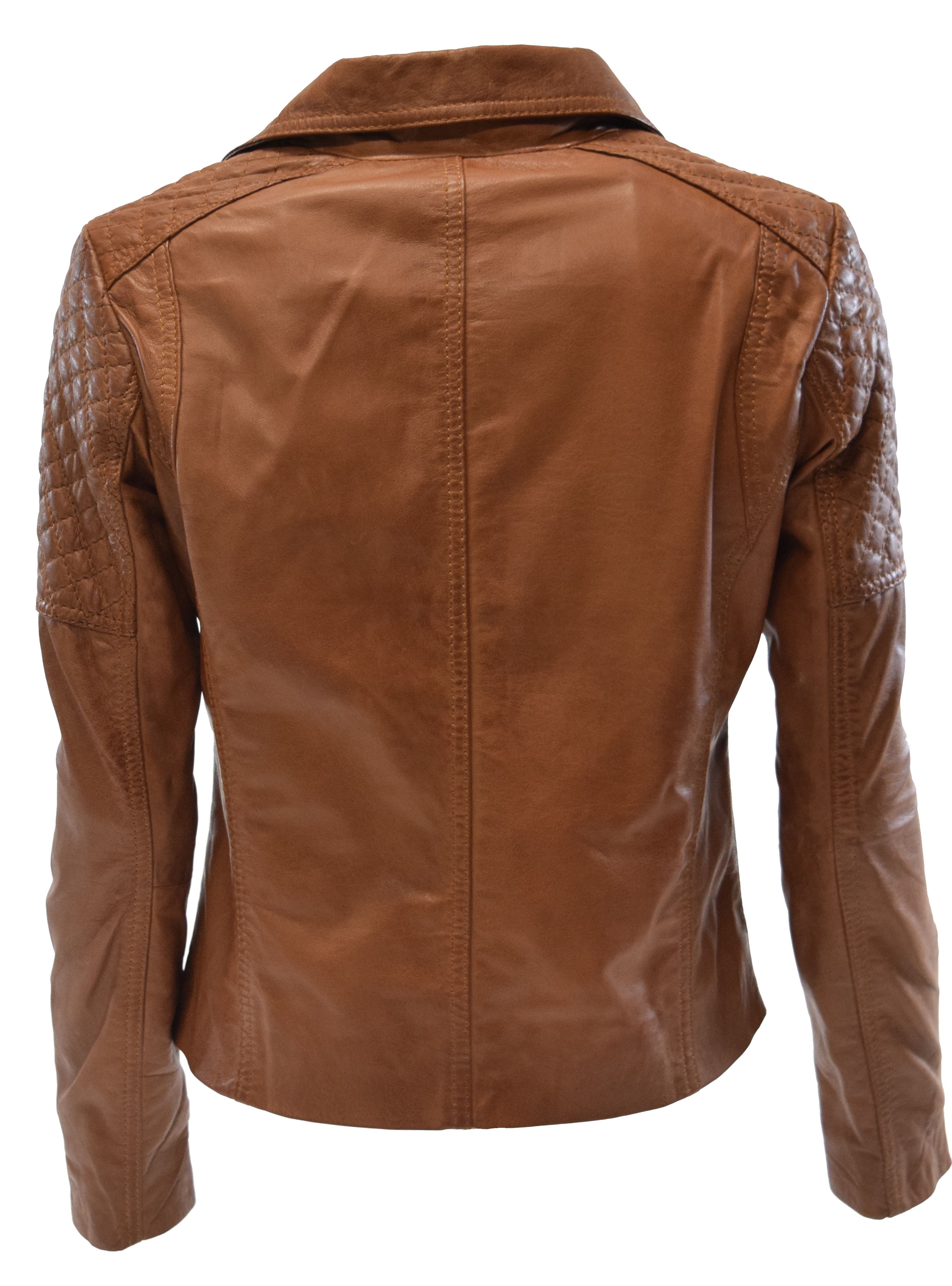 Damen Lederjacke Mona im Biker Stil in Cognac Braun