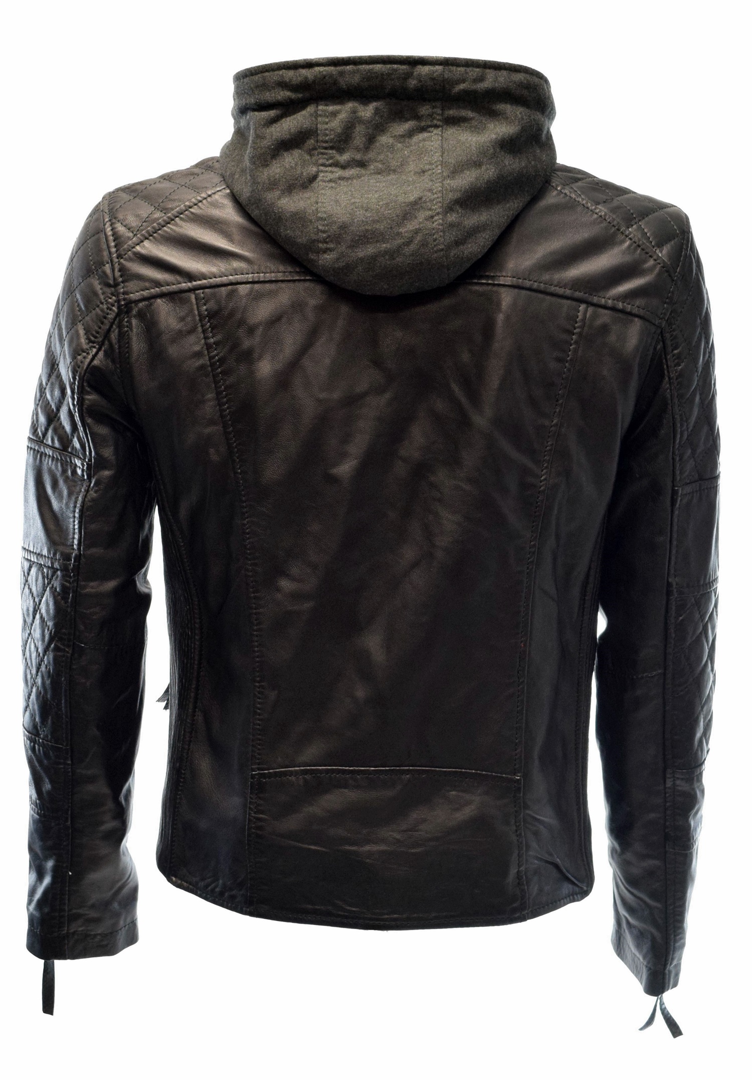 Herren Lederjacke Alex II gesteppt in washed Schwarz mit Kapuze