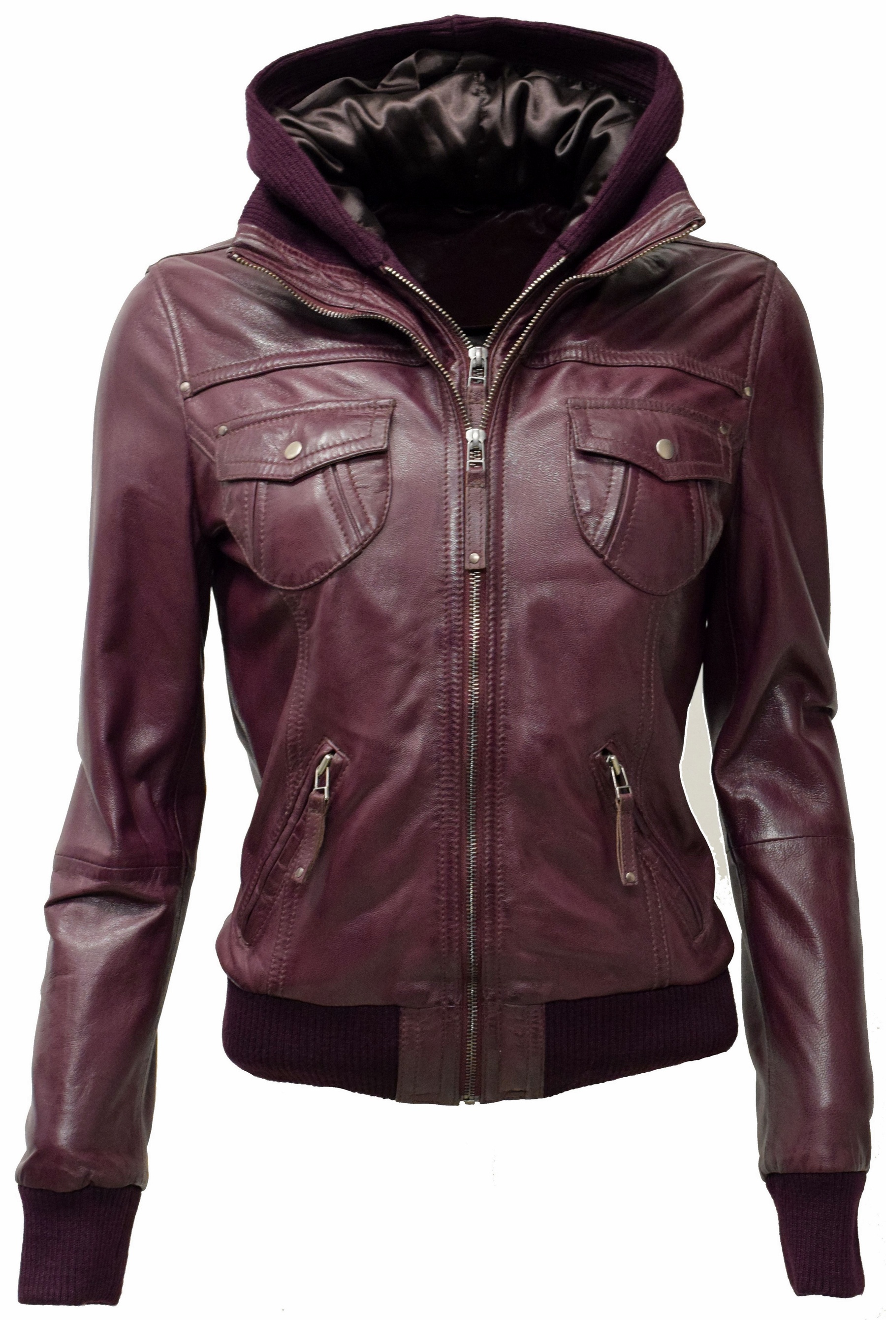 Damen Lederjacke "FIBI" mit Kapuze in washed Burgund
