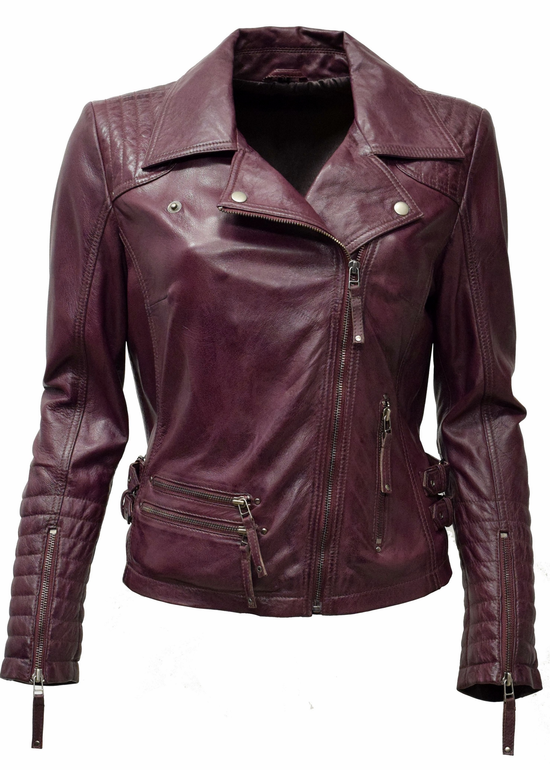 Damen Biker Lederjacke Cara in washed Burgund