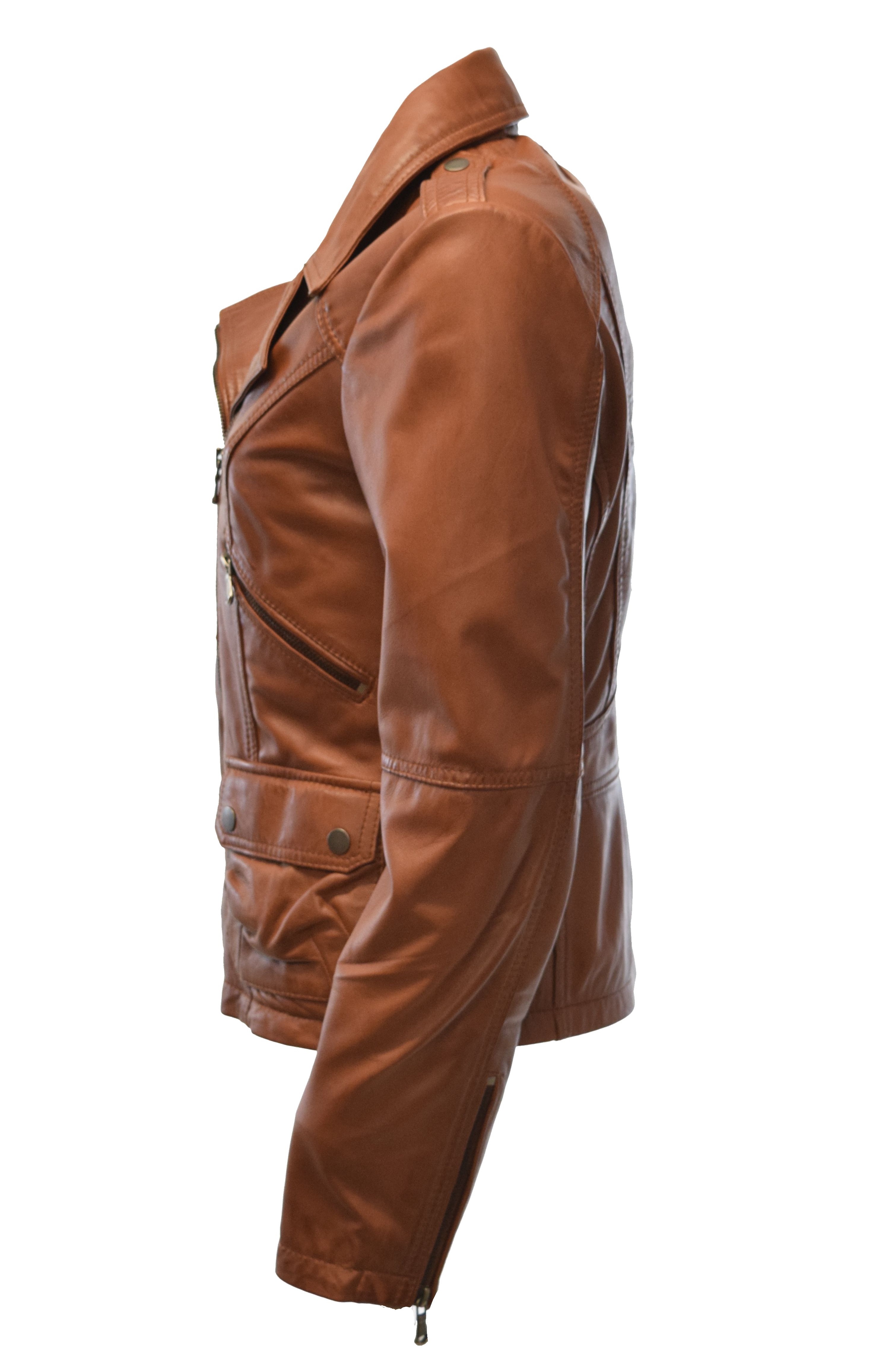 Damen Biker Lederjacke Maxy in washed Cognac Braun