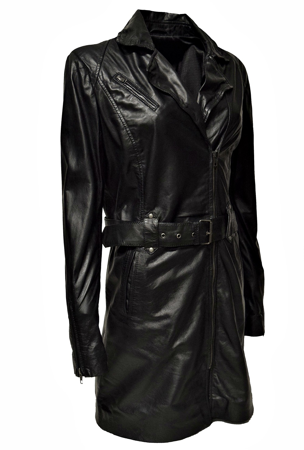 Damen Biker Ledermantel Una washed Schwarz