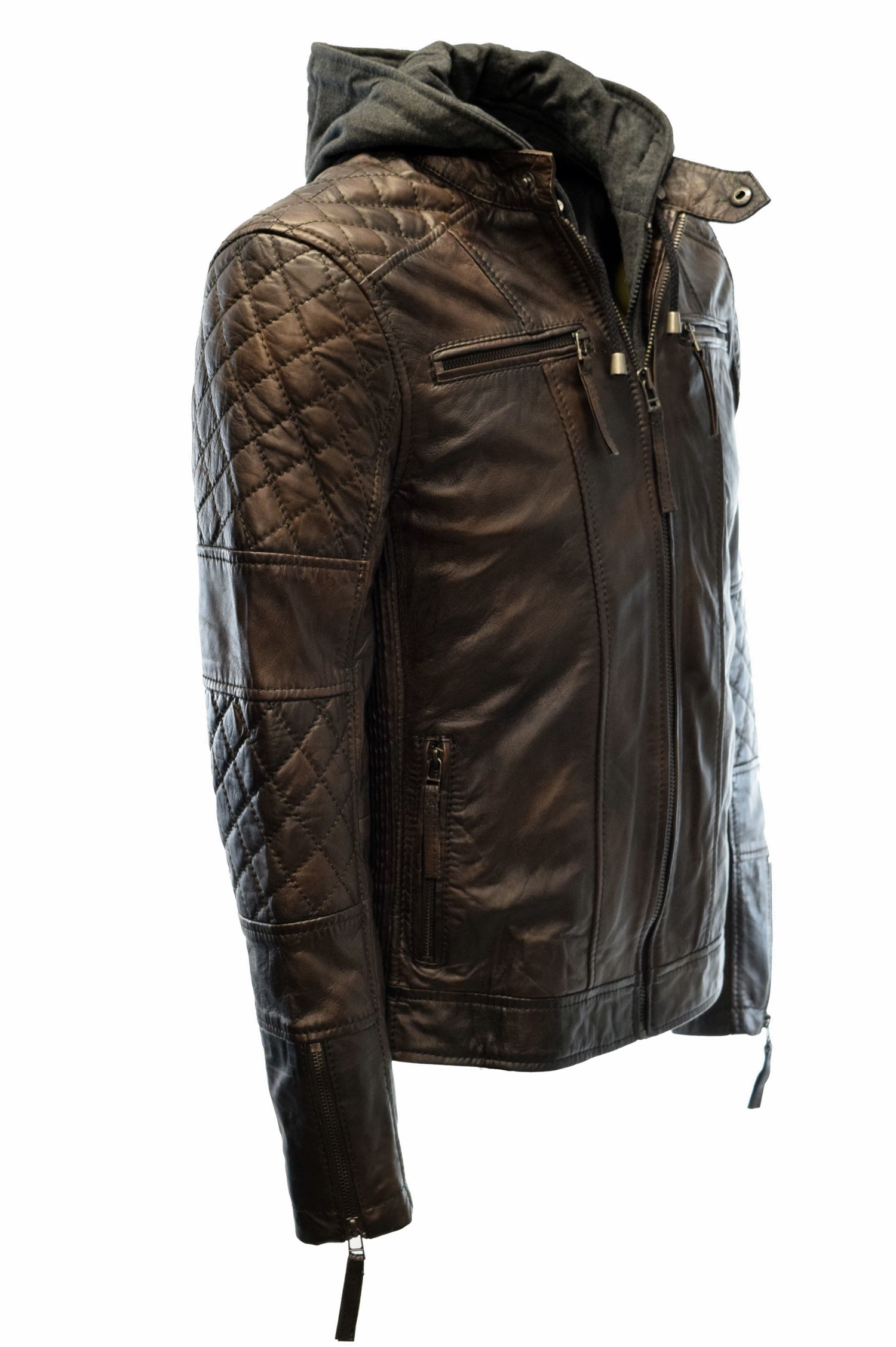 Herren Lederjacke Alex II gesteppt in washed Mocca mit Kapuze 