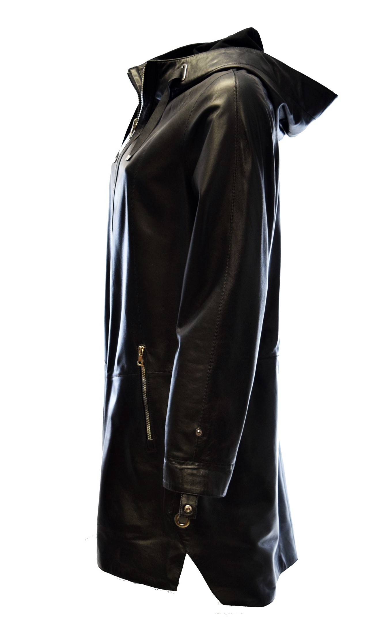 Damen Leder-Wendemantel Pia in fine Schwarz mit Kapuze