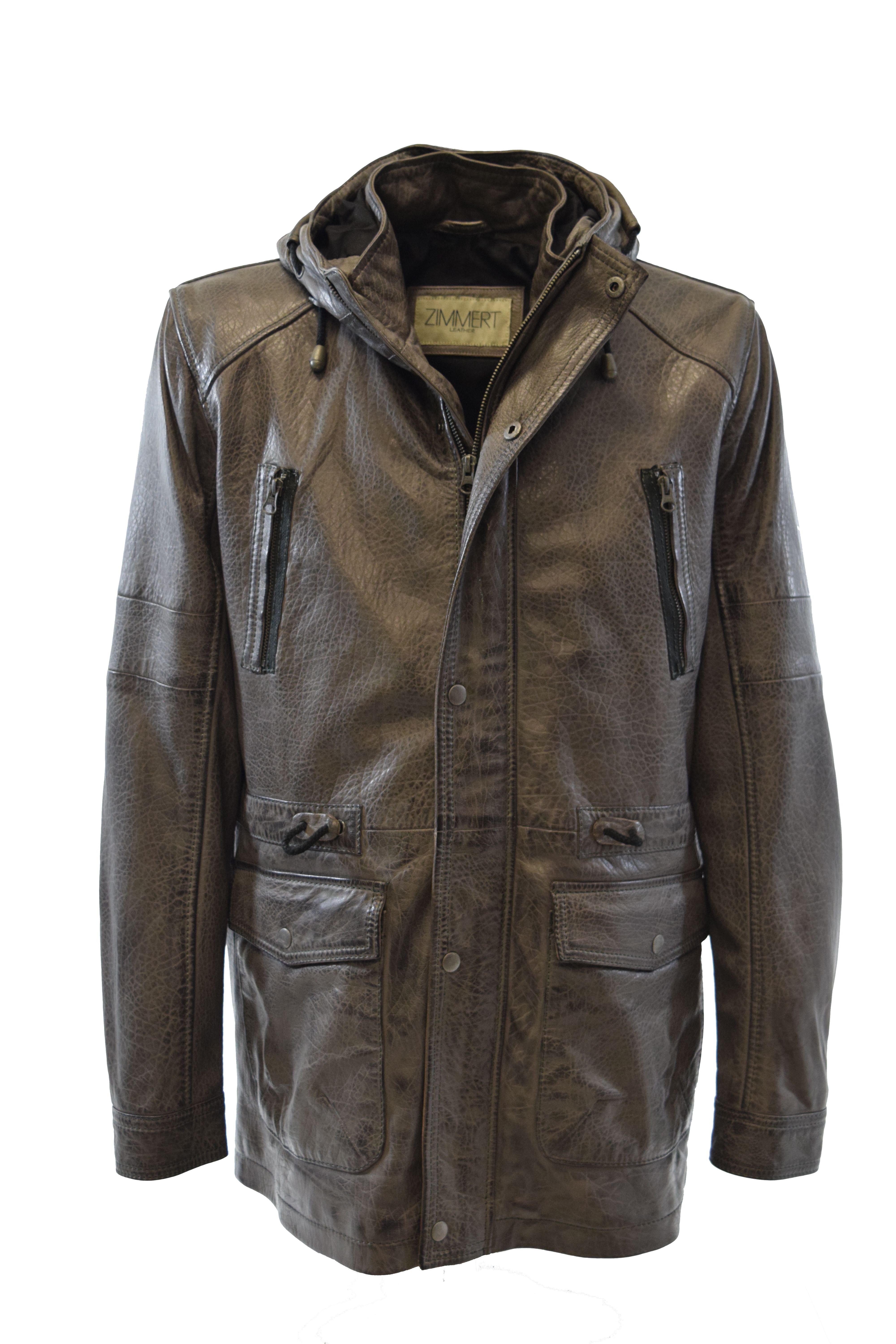 Herren Long Lederjacke Pit Duffelcoat Kapuze in Grau