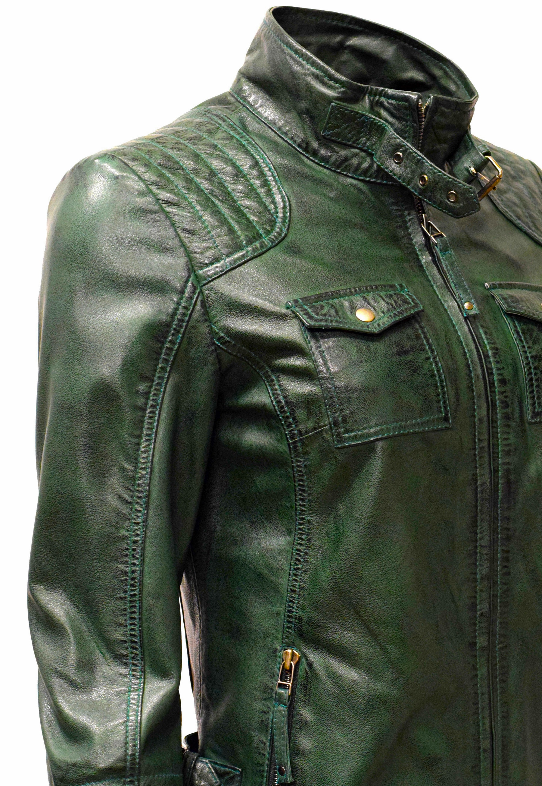 Damen Lederjacke Emmy gesteppt washed Grün