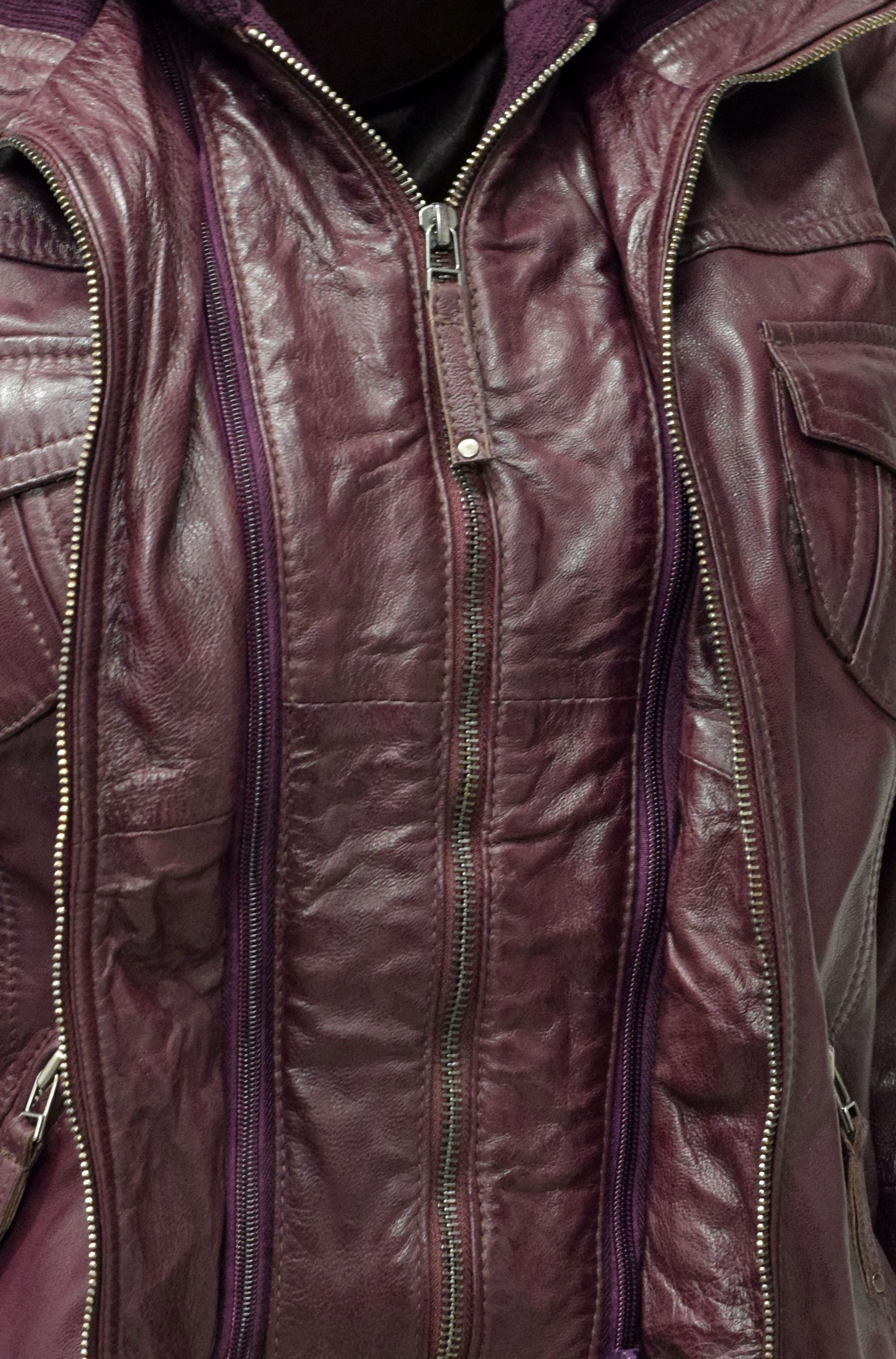 Damen Lederjacke "FIBI" mit Kapuze in washed Burgund