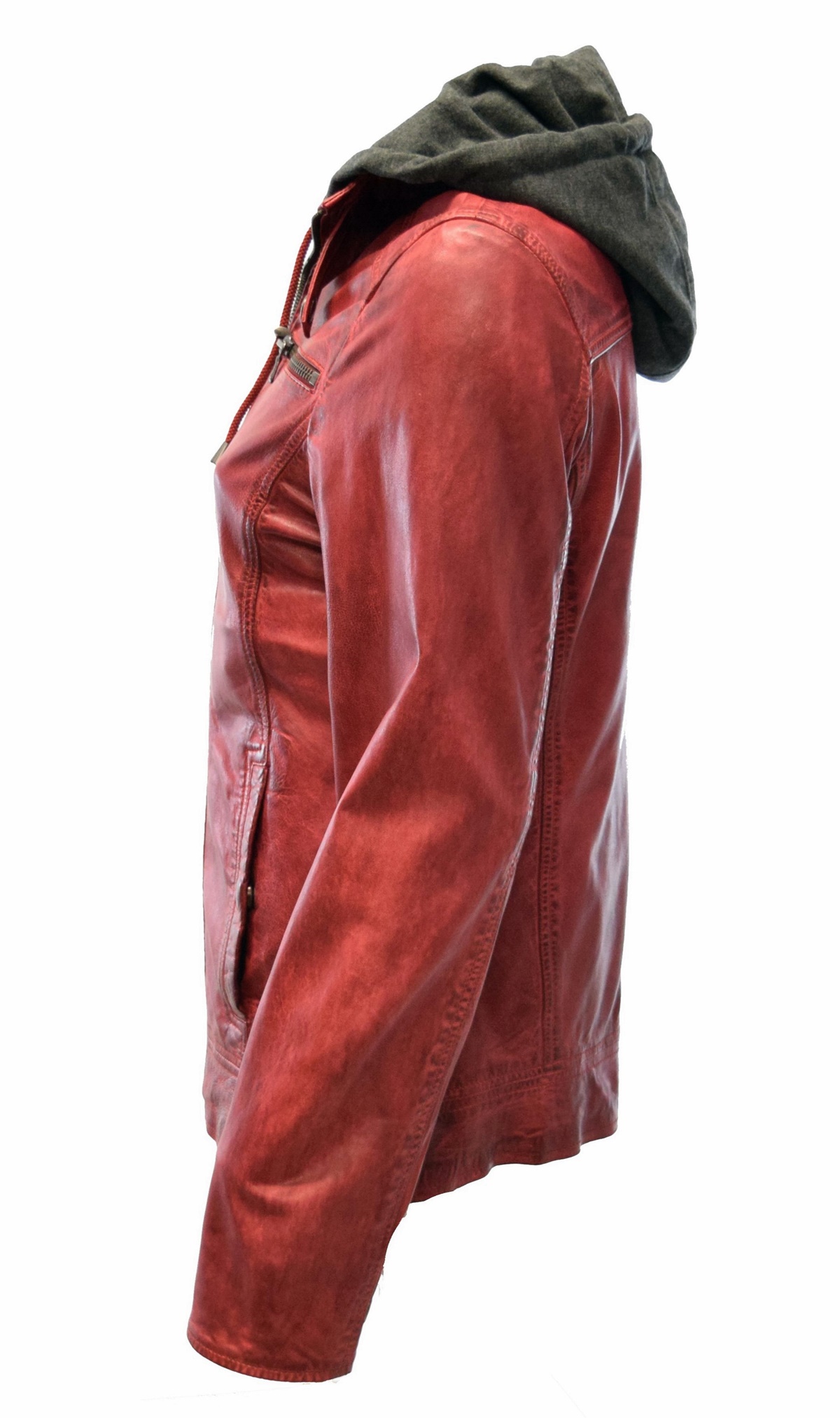 Damen Lederjacke Jersei in washed Rot mit Kapuze