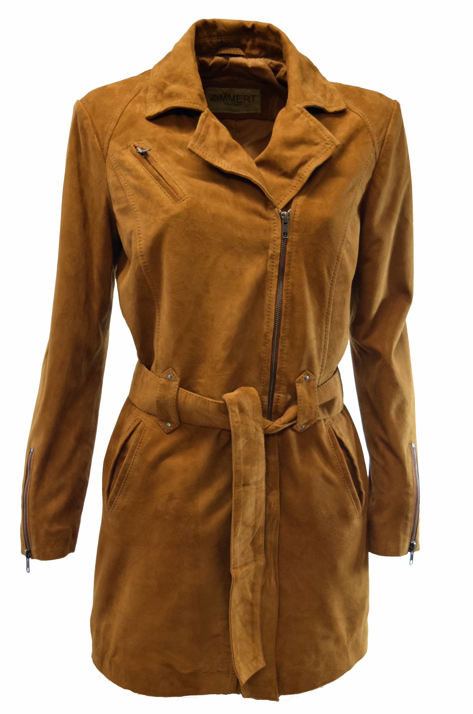 Damen Biker Ledermantel Una in Ziegenvelour Farbe Cognac