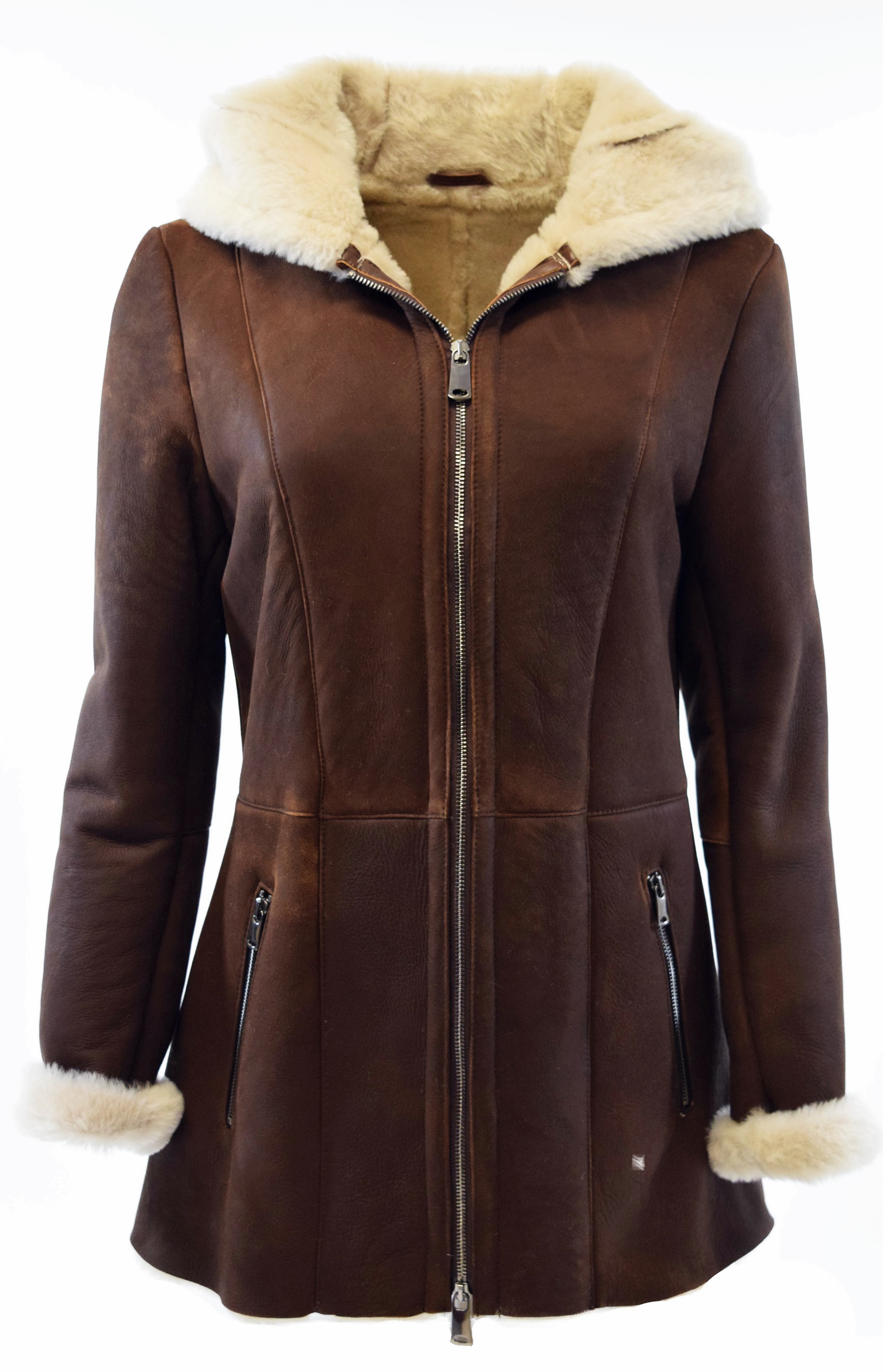 Damen Lammfelljacke Lennja mit Kapuze in Naturbraun