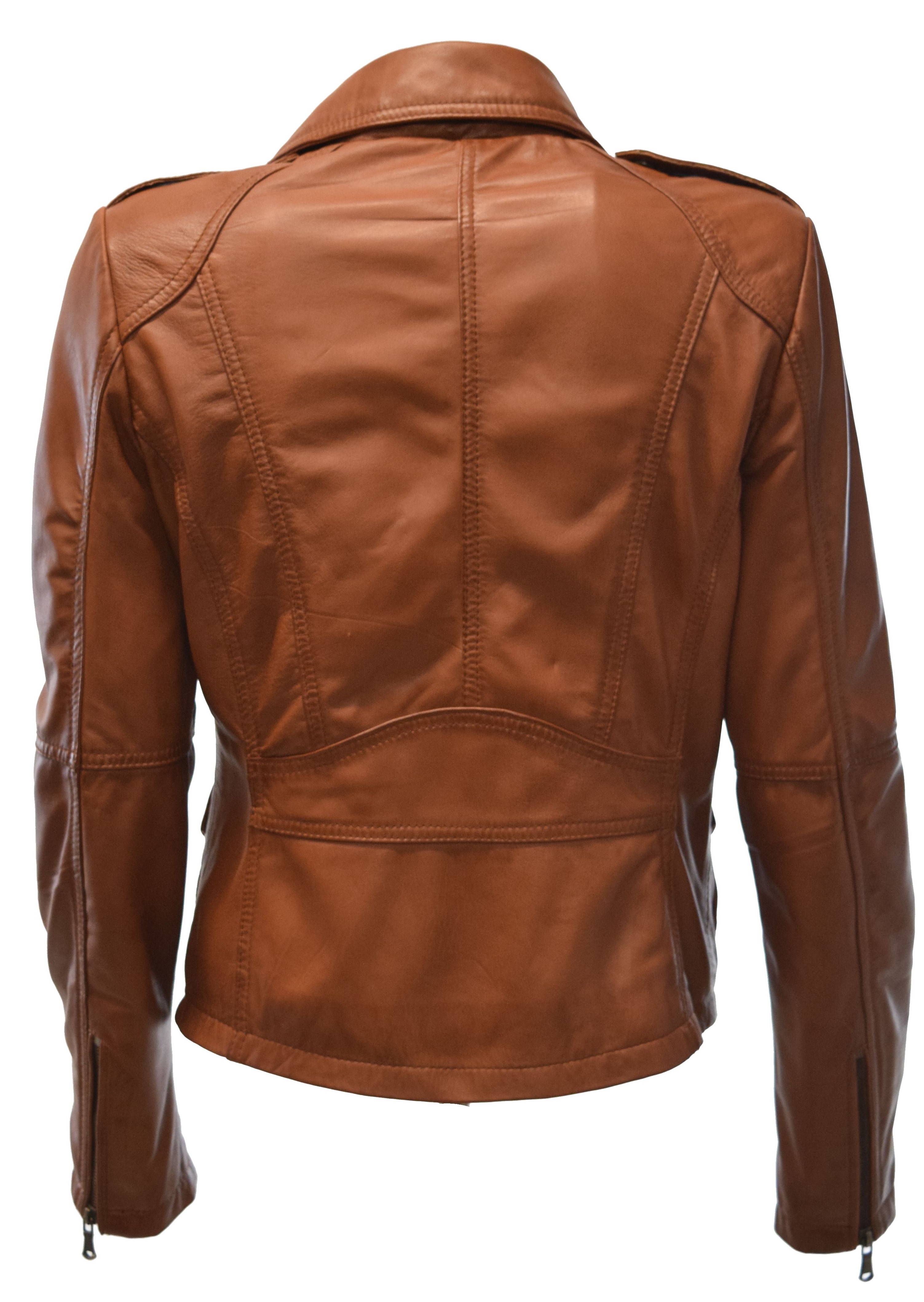 Damen Biker Lederjacke Maxy in washed Cognac Braun