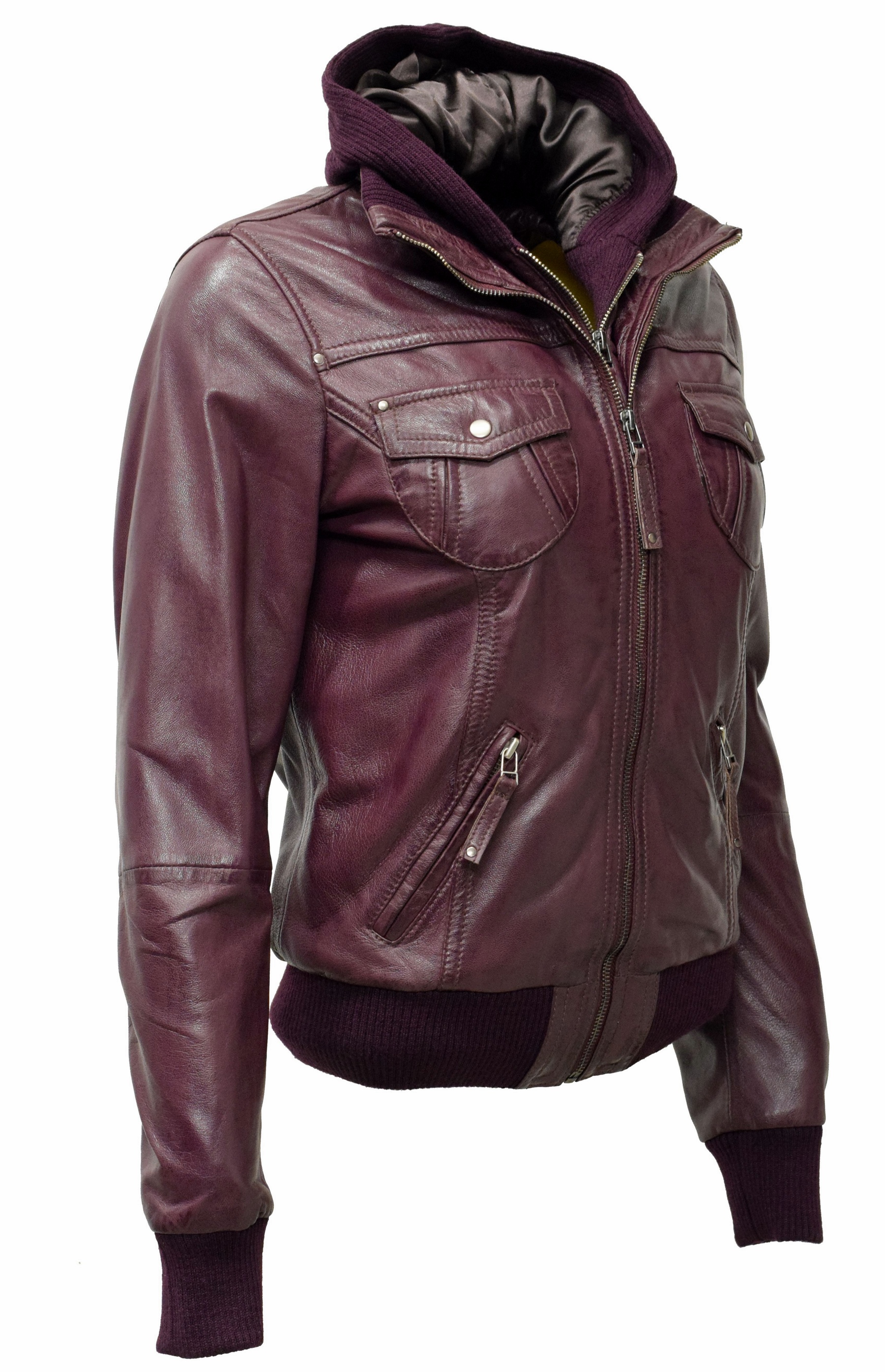 Damen Lederjacke "FIBI" mit Kapuze in washed Burgund
