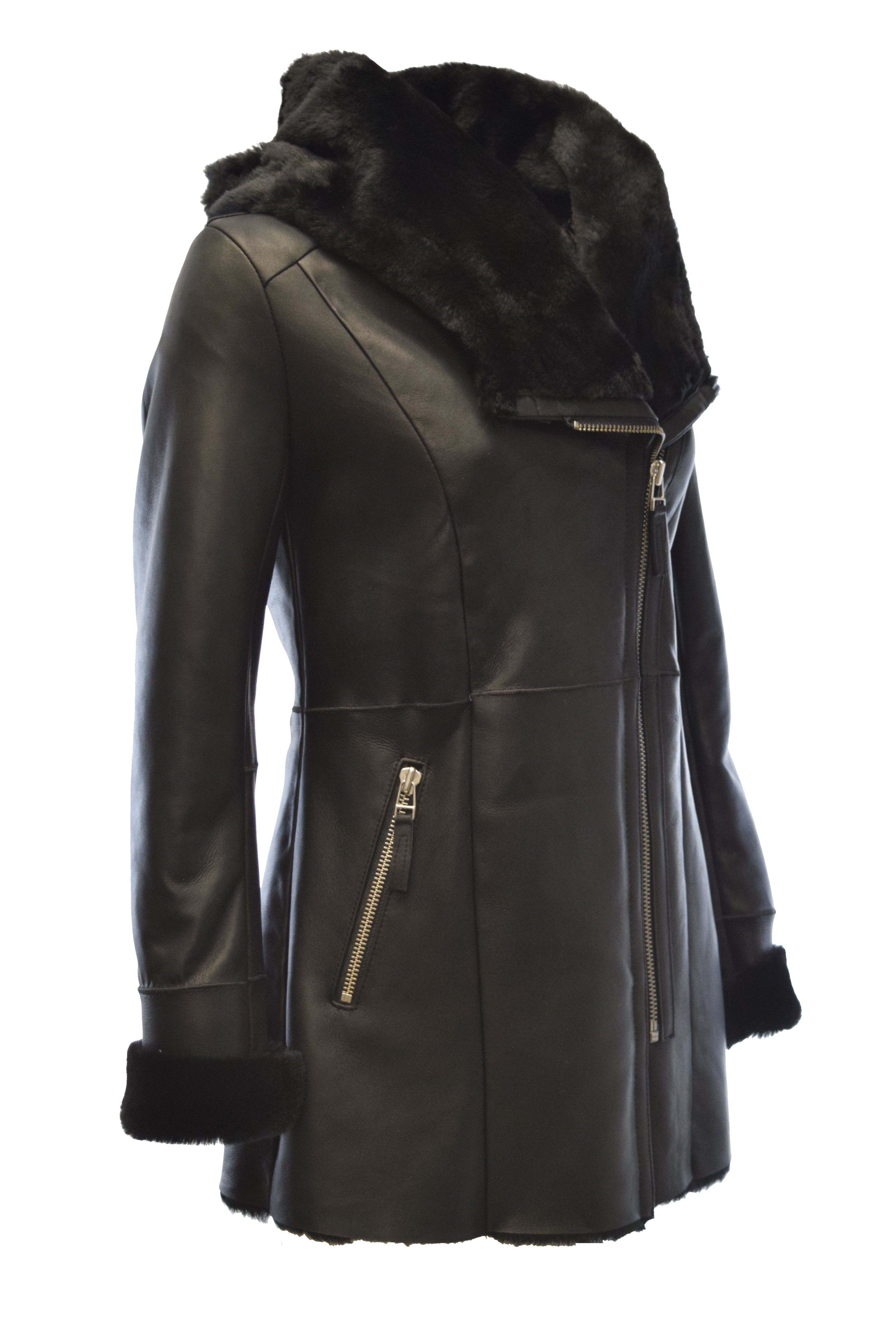 Damen Lammfellmantel Olivia mit großer Kapuze in Schwarz