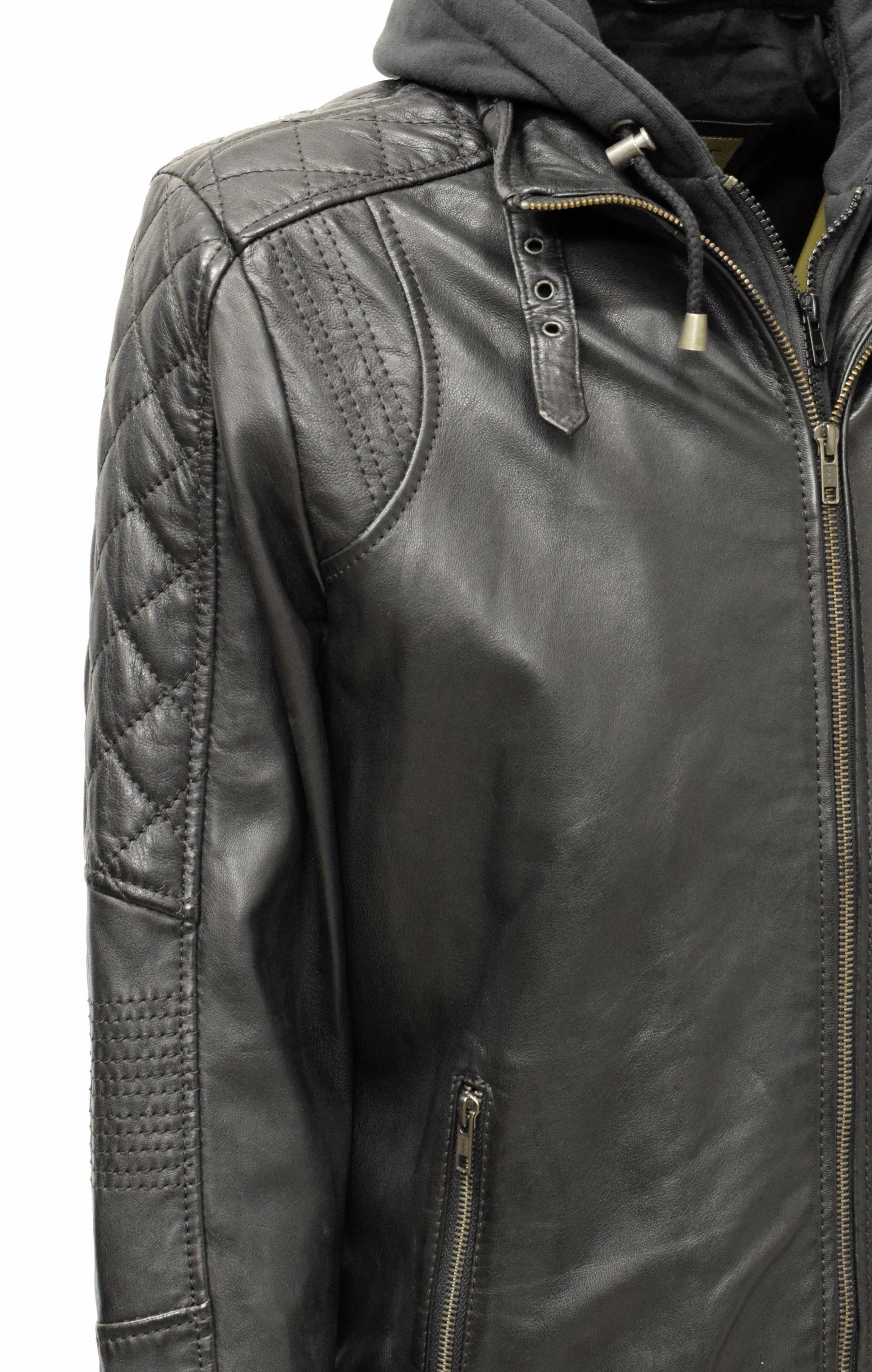 Herren Lederjacke Bastian gesteppt in washed Schwarz mit Kapuze