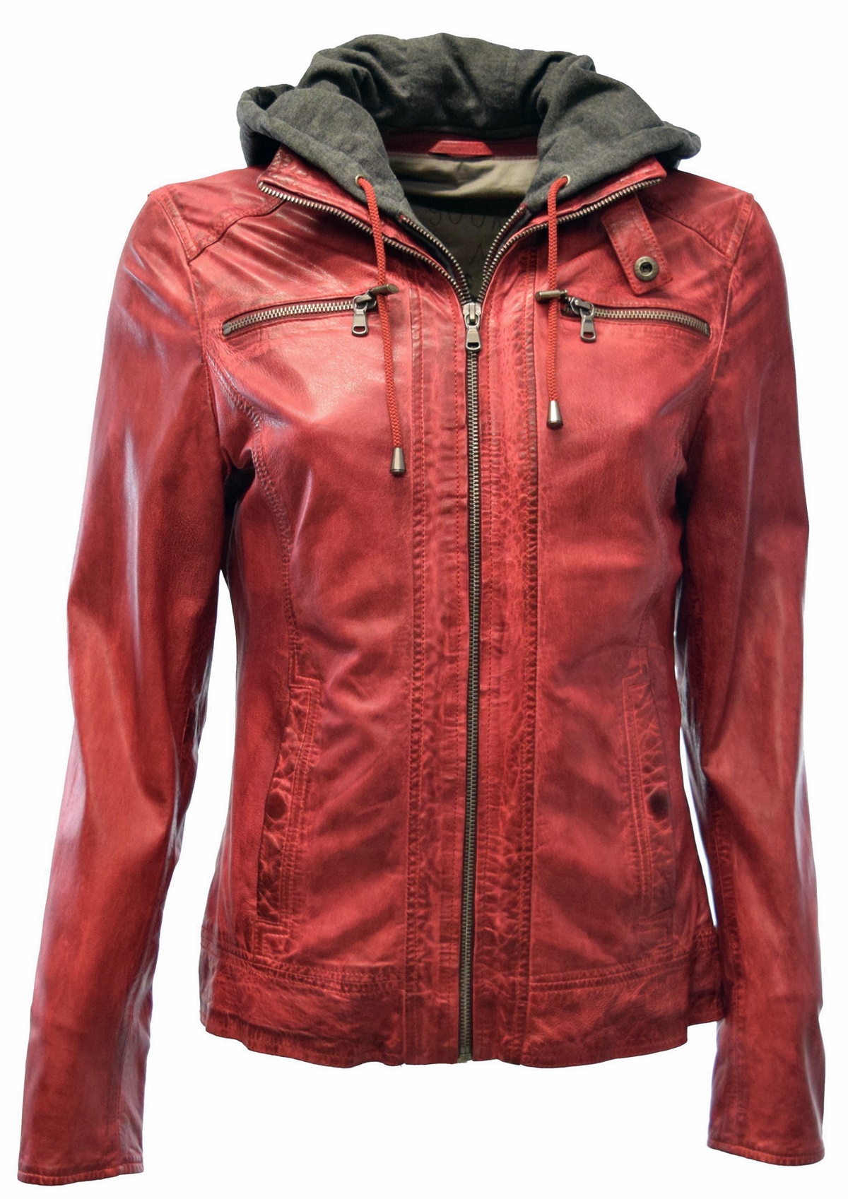 Damen Lederjacke Jersei in washed Rot mit Kapuze