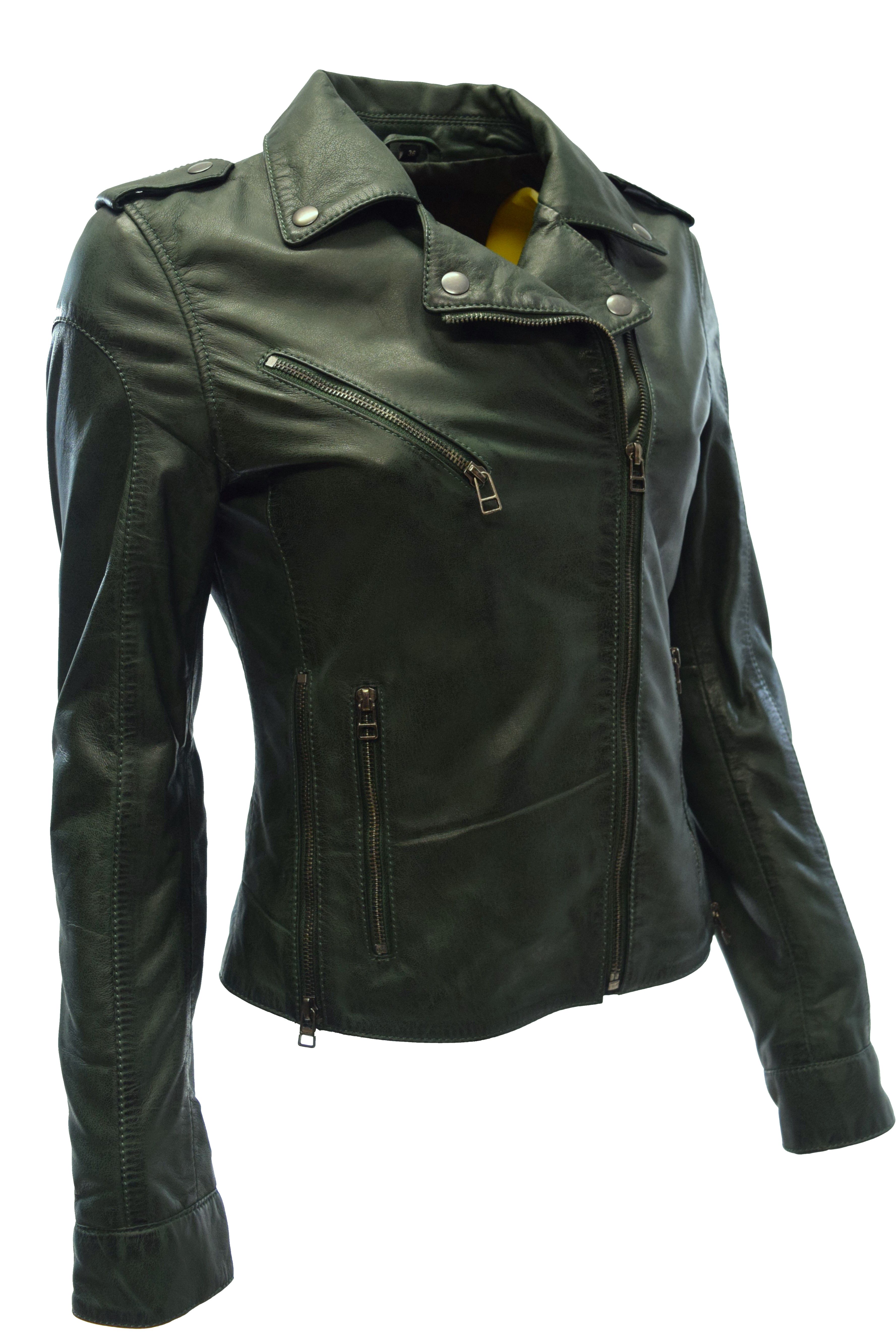 Damen Lammnappa Biker Lederjacke Sibilla Dunkelgrün