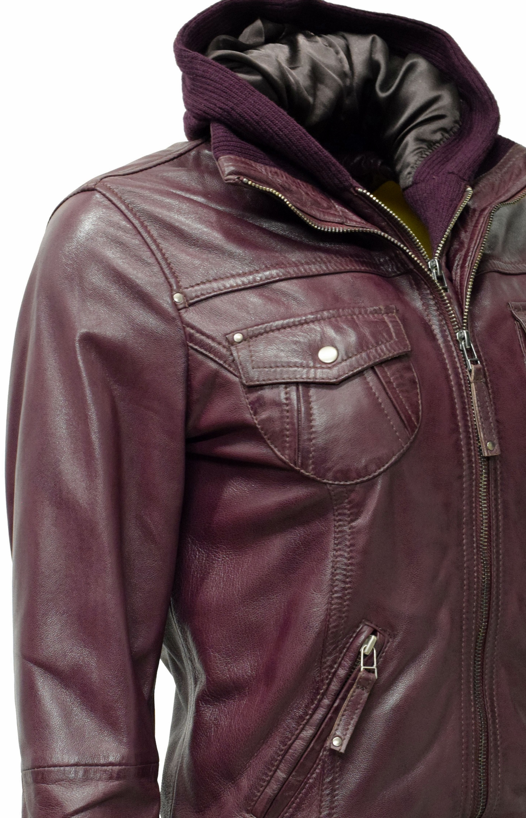 Damen Lederjacke "FIBI" mit Kapuze in washed Burgund