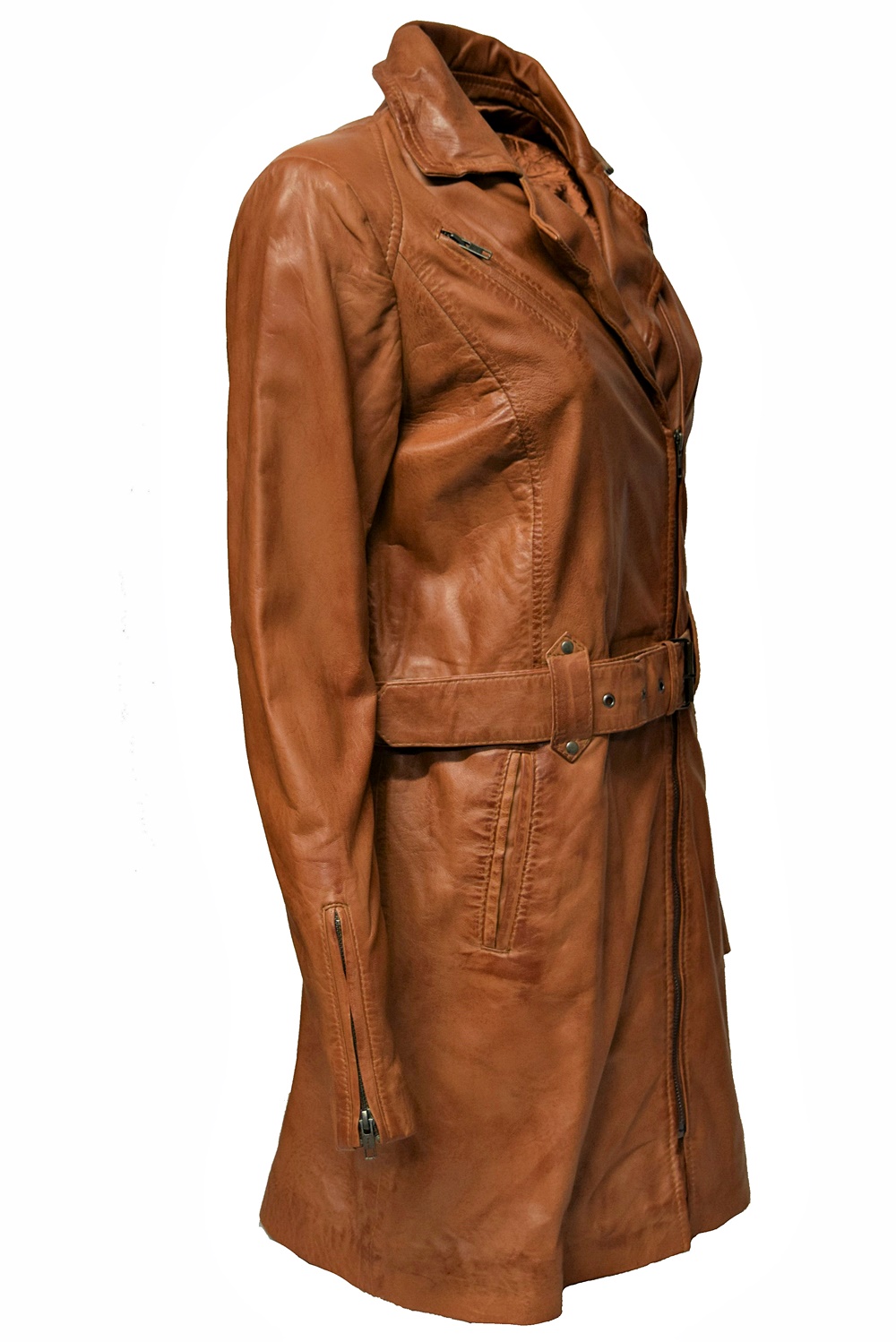 Damen Biker Ledermantel Una washed Cognac