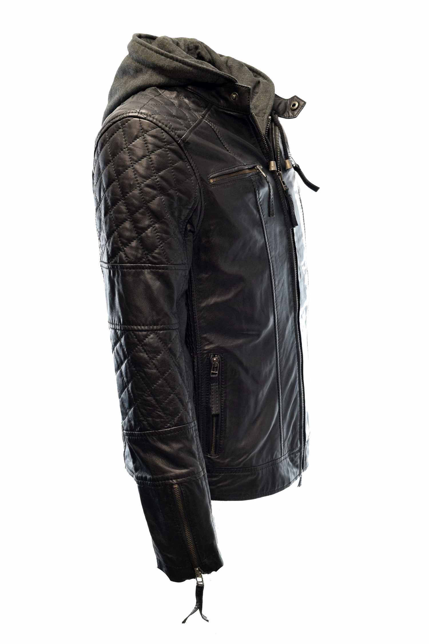 Herren Lederjacke Alex II gesteppt in washed Schwarz mit Kapuze