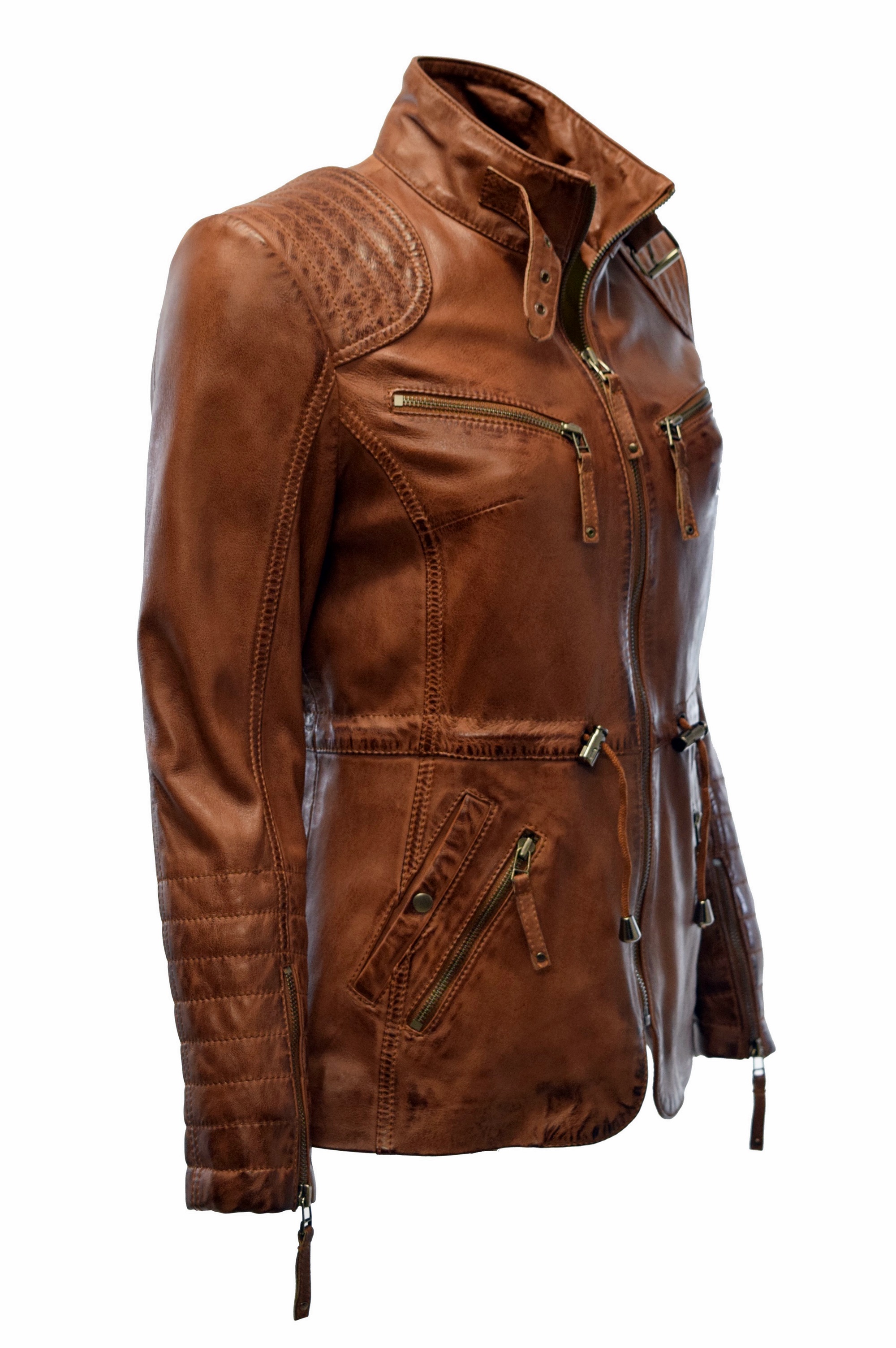 Damen Lederjacke Klara gesteppt washed Cognac Braun