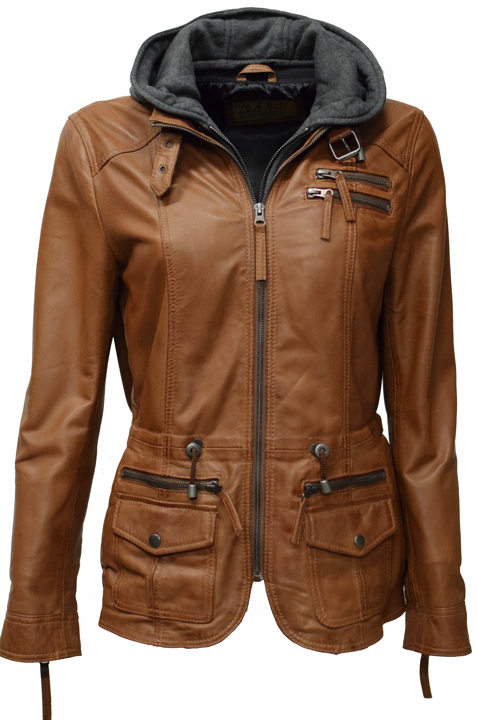 Damen Lederjacke Vanilla mit Kapuze in Dunkelcognac