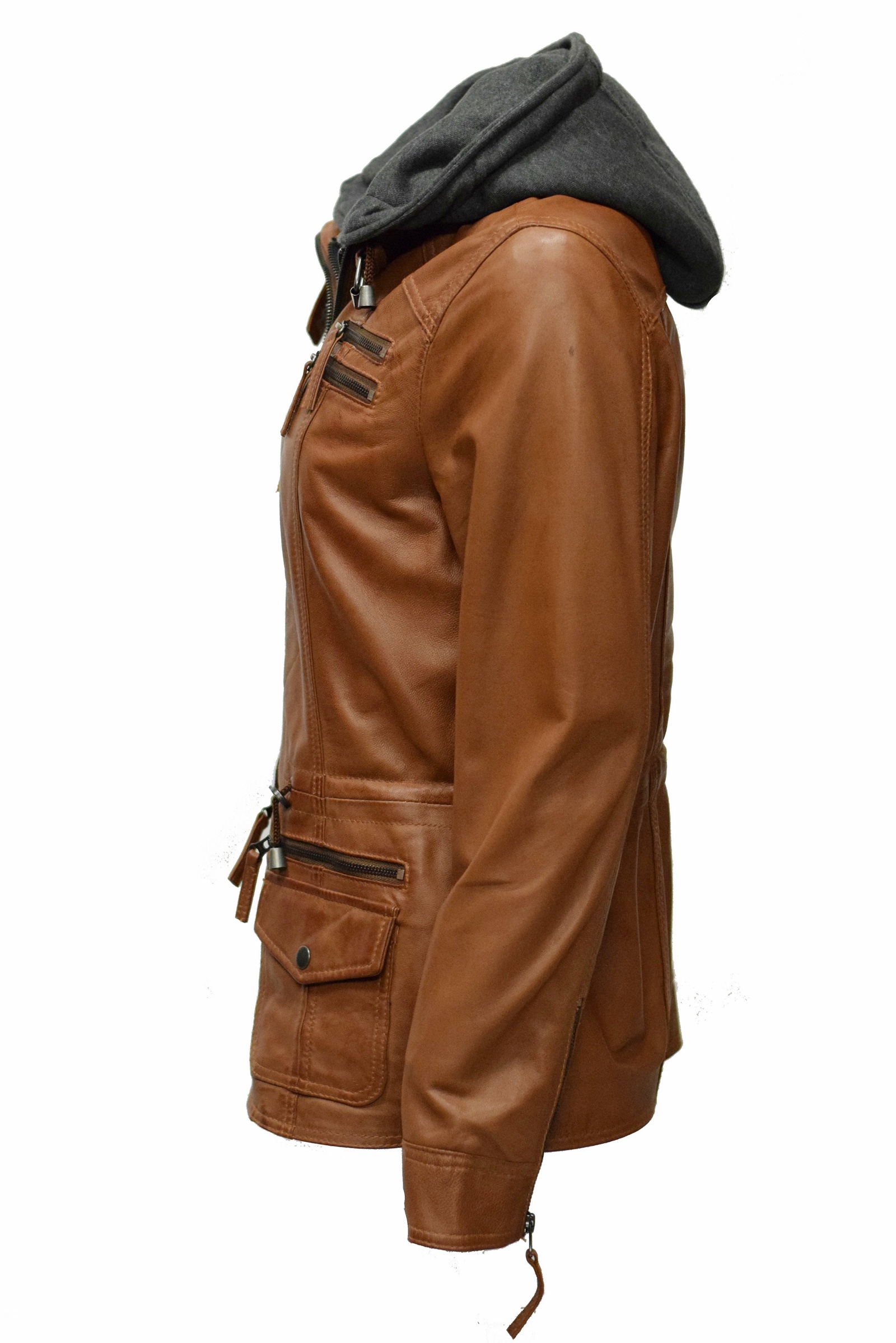 Damen Lederjacke Vanilla mit Kapuze in Dunkelcognac