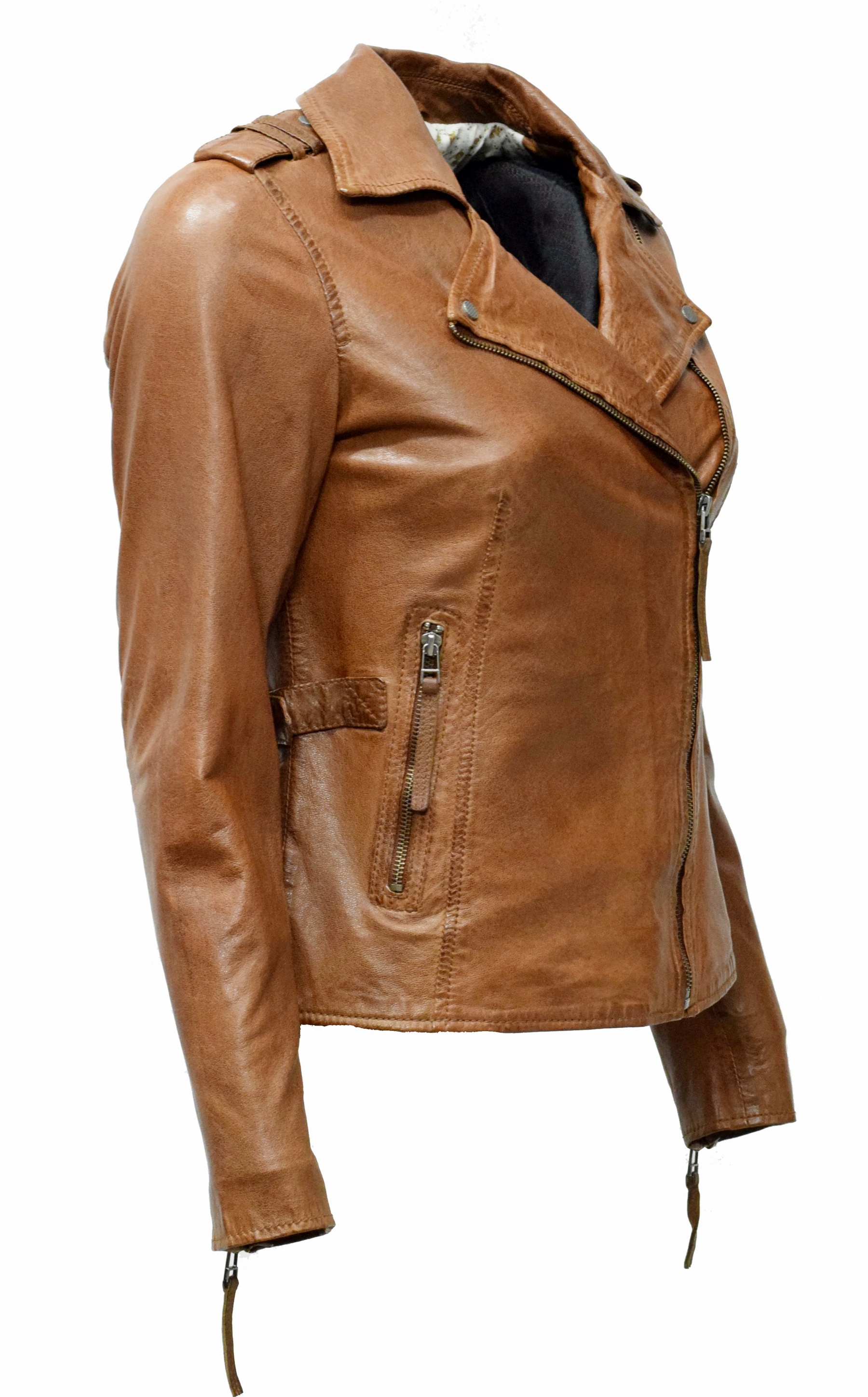 Damen Biker Lederjacke Amalia in washed Cognac