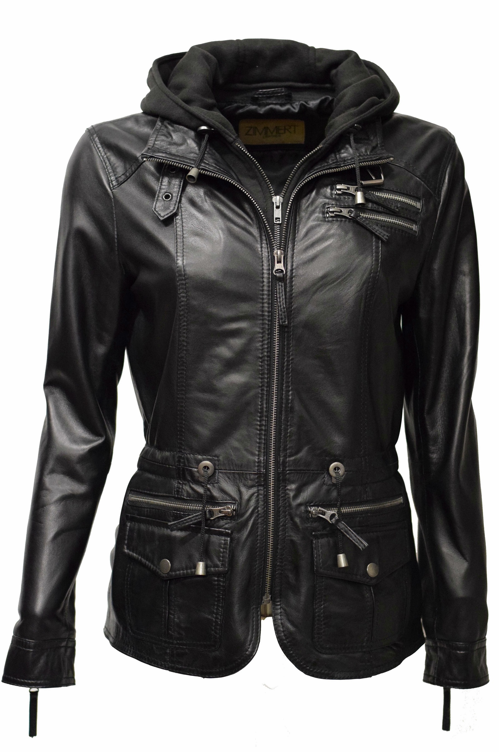 Damen Lederjacke Vanilla mit Kapuze in Schwarz