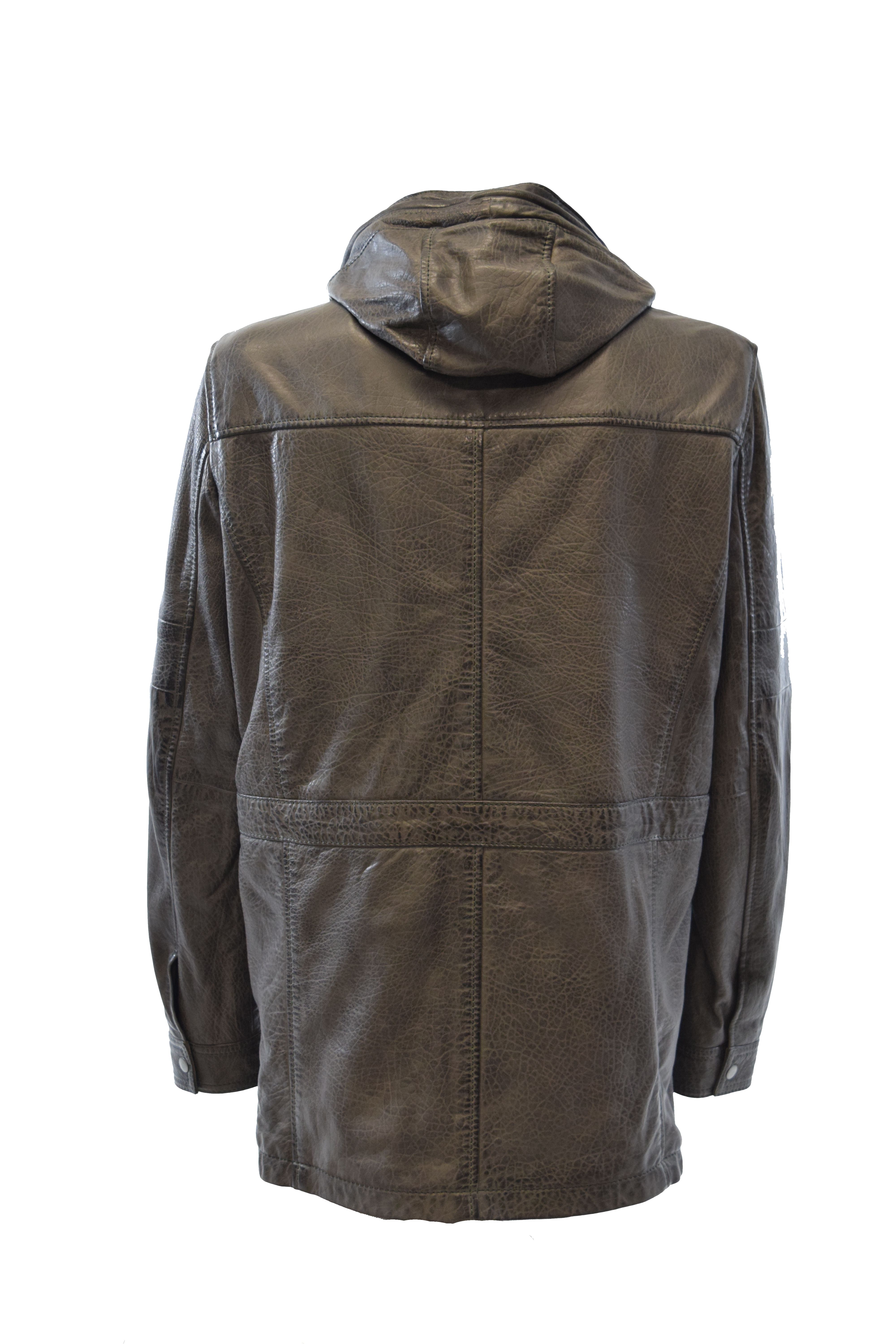 Herren Long Lederjacke Pit Duffelcoat Kapuze in Grau
