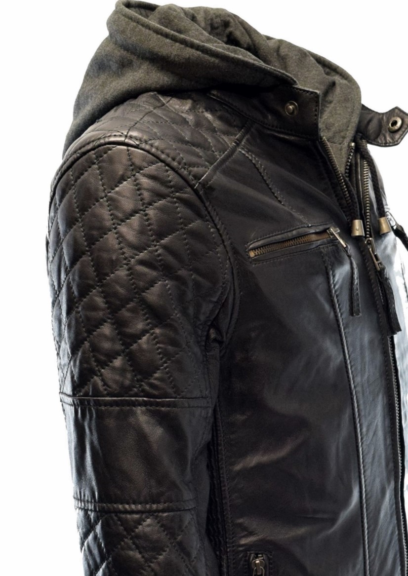 Herren Lederjacke Alex II gesteppt in washed Schwarz mit Kapuze