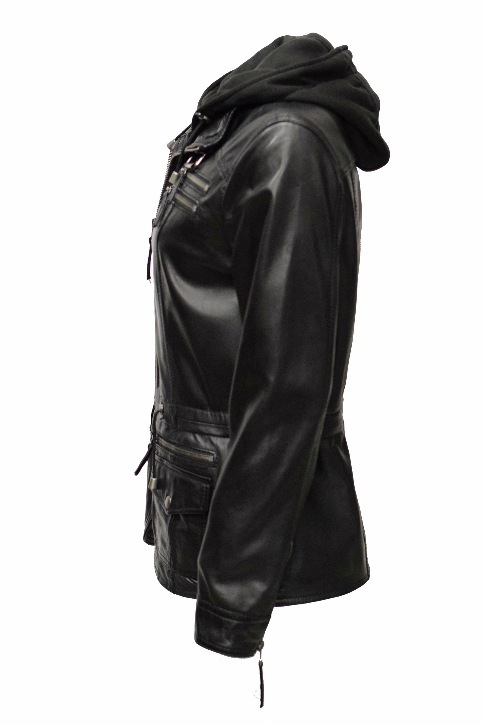 Damen Lederjacke Vanilla mit Kapuze in Schwarz