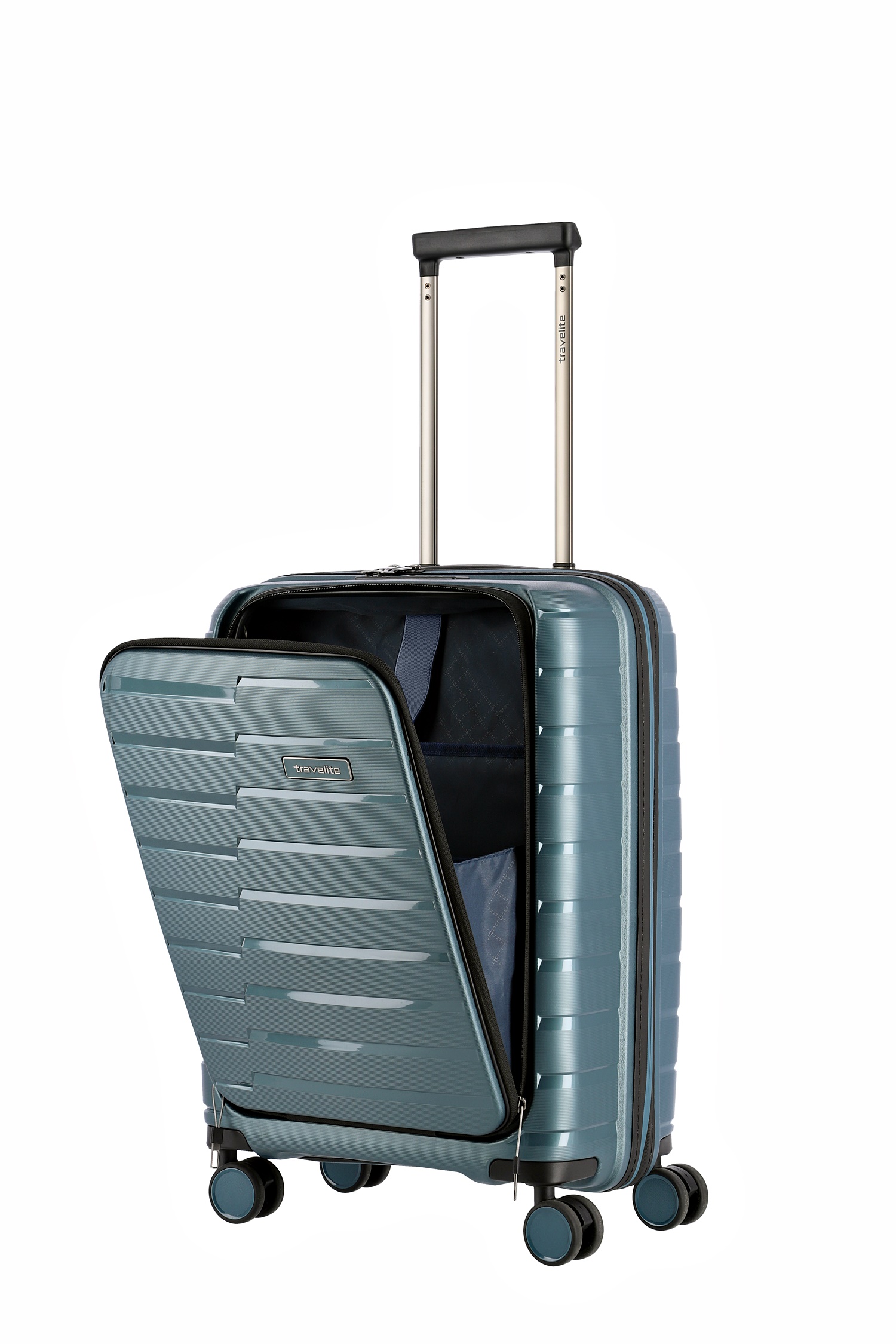 Travelite Koffer Air Base Vortasche 4 Rollen Trolley 55 cm S+ Eisblau
