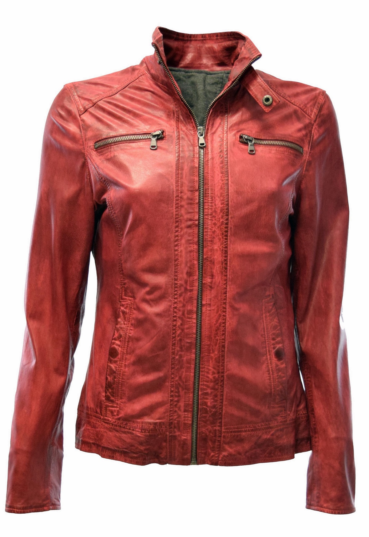 Damen Lederjacke Jersei in washed Rot mit Kapuze
