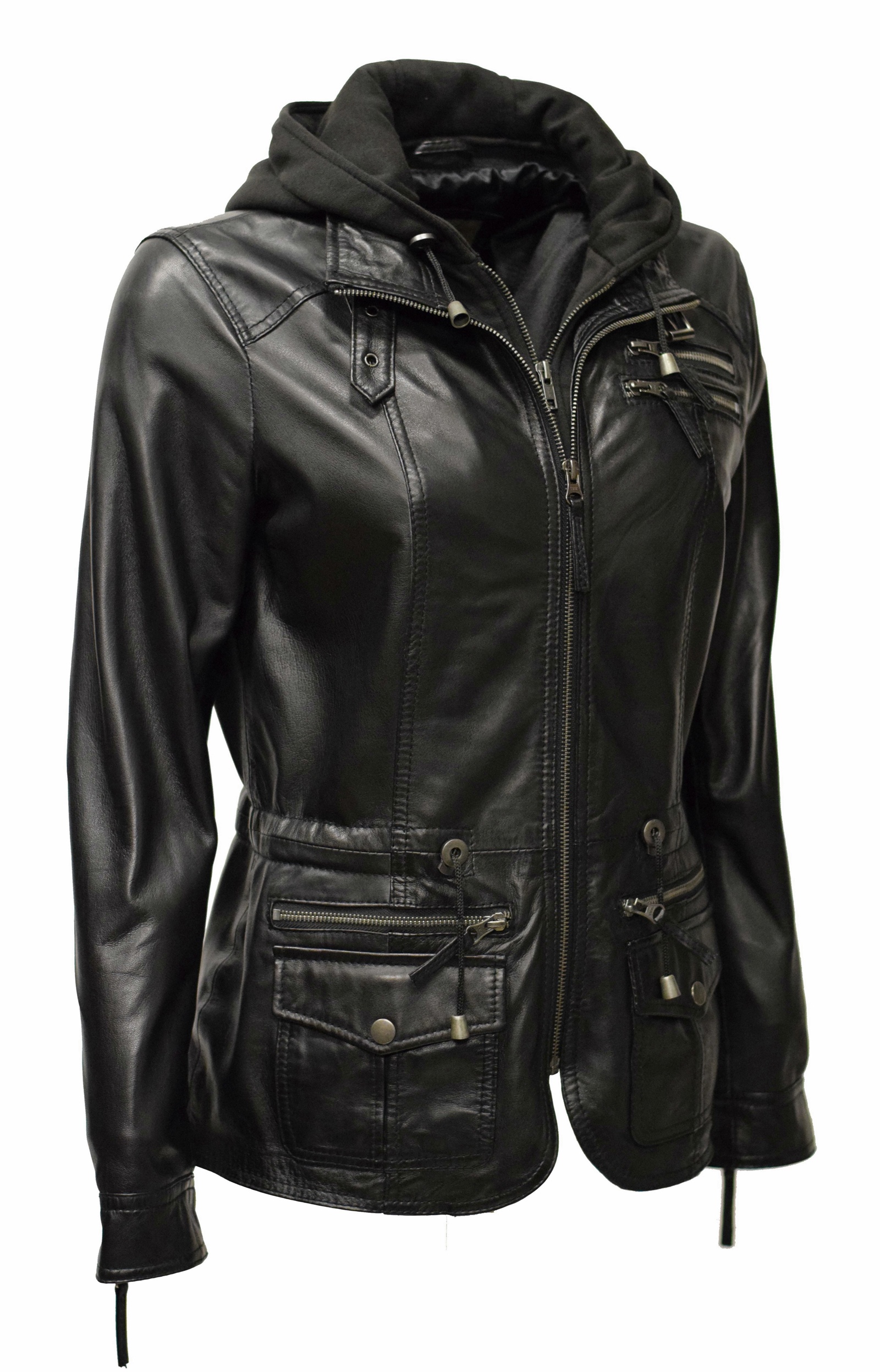 Damen Lederjacke Vanilla mit Kapuze in Schwarz