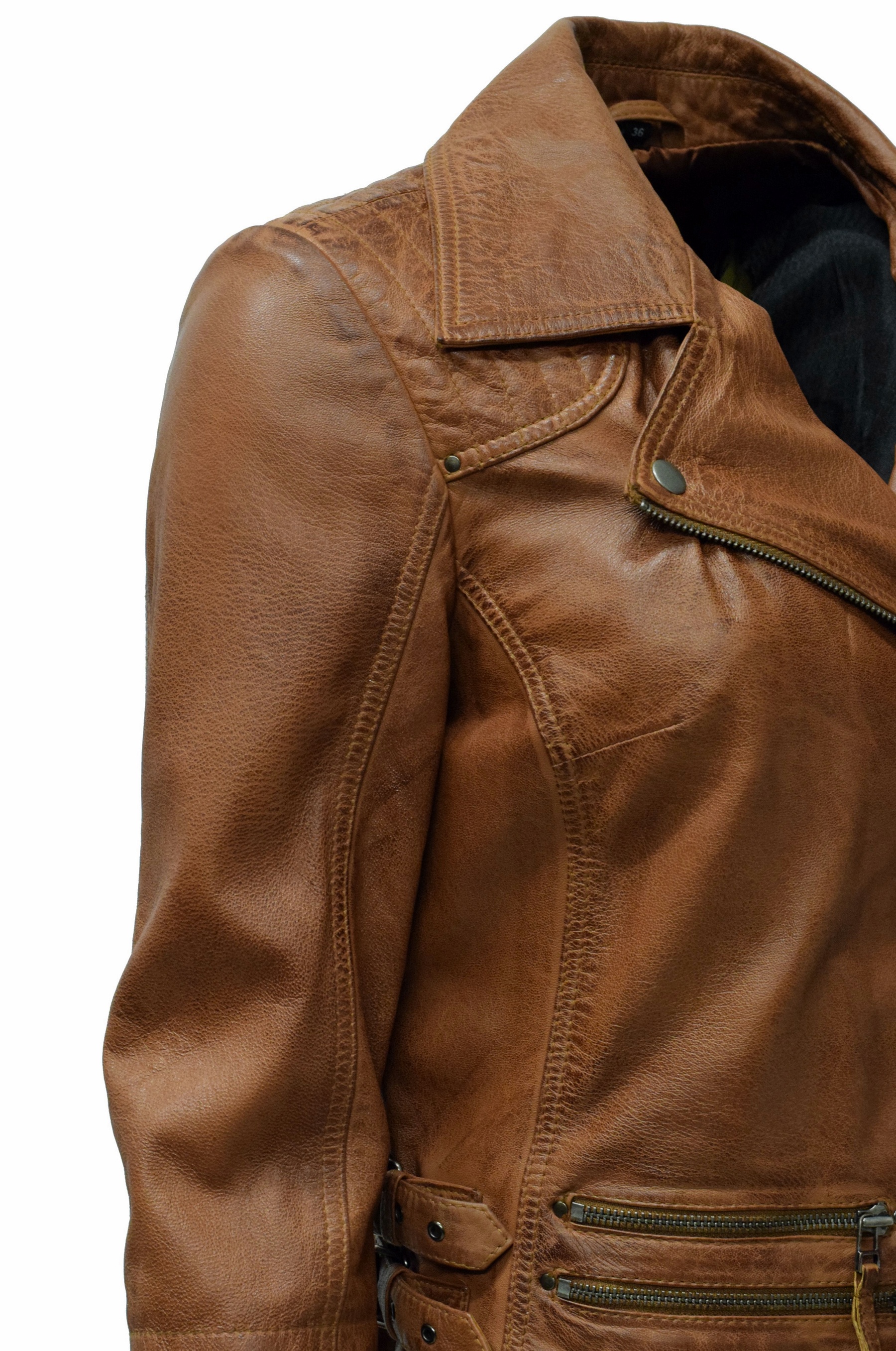 Damen Biker Lederjacke Cara in washed Cognac 