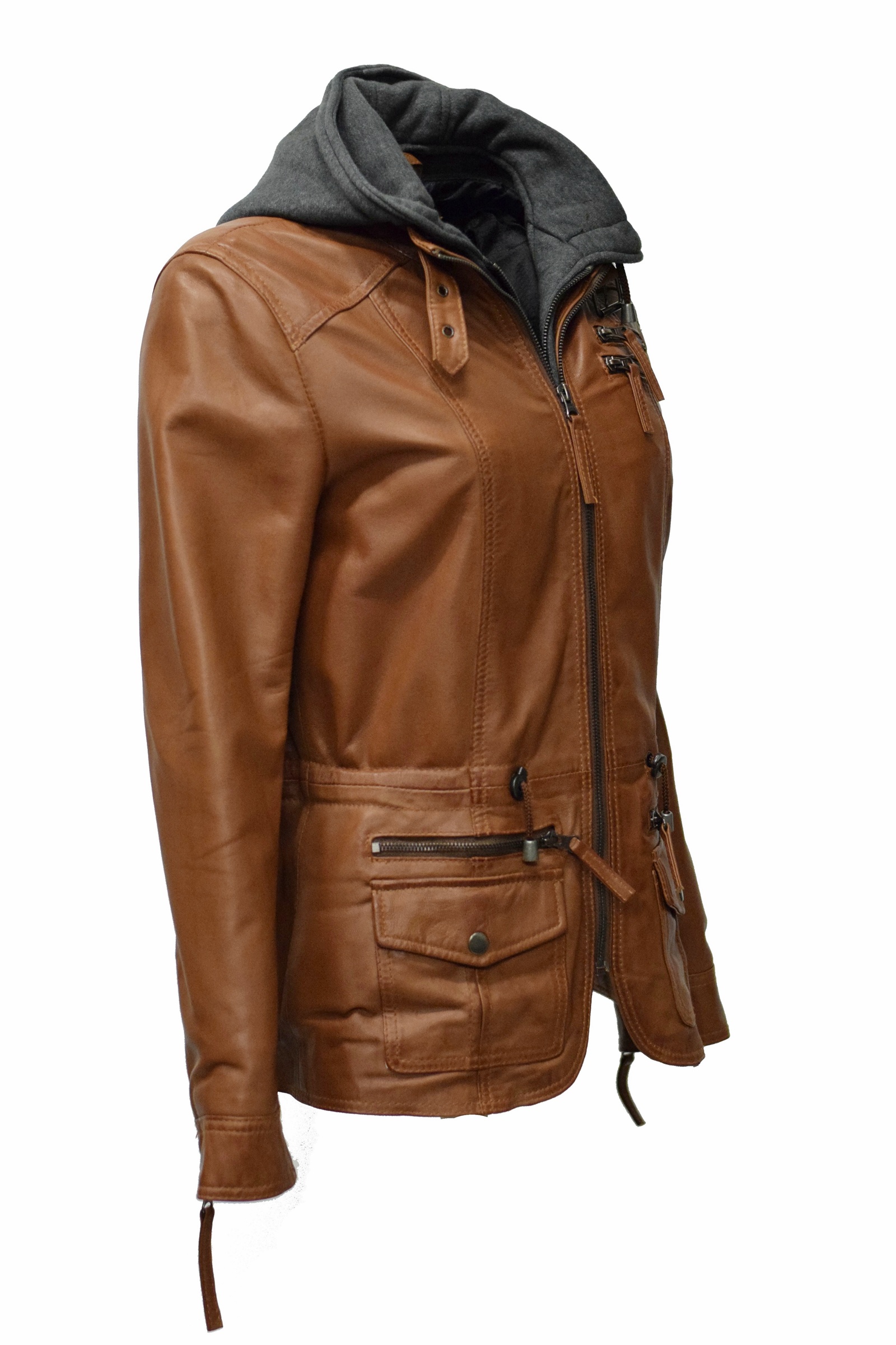Damen Lederjacke Vanilla mit Kapuze in Dunkelcognac