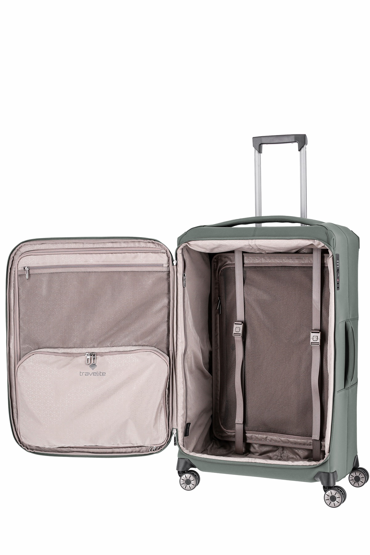 Travelite Priima Trolley Gr. L 79 cm mit 4 Rollen aus Nylon + recyceltem Polyester Oliv