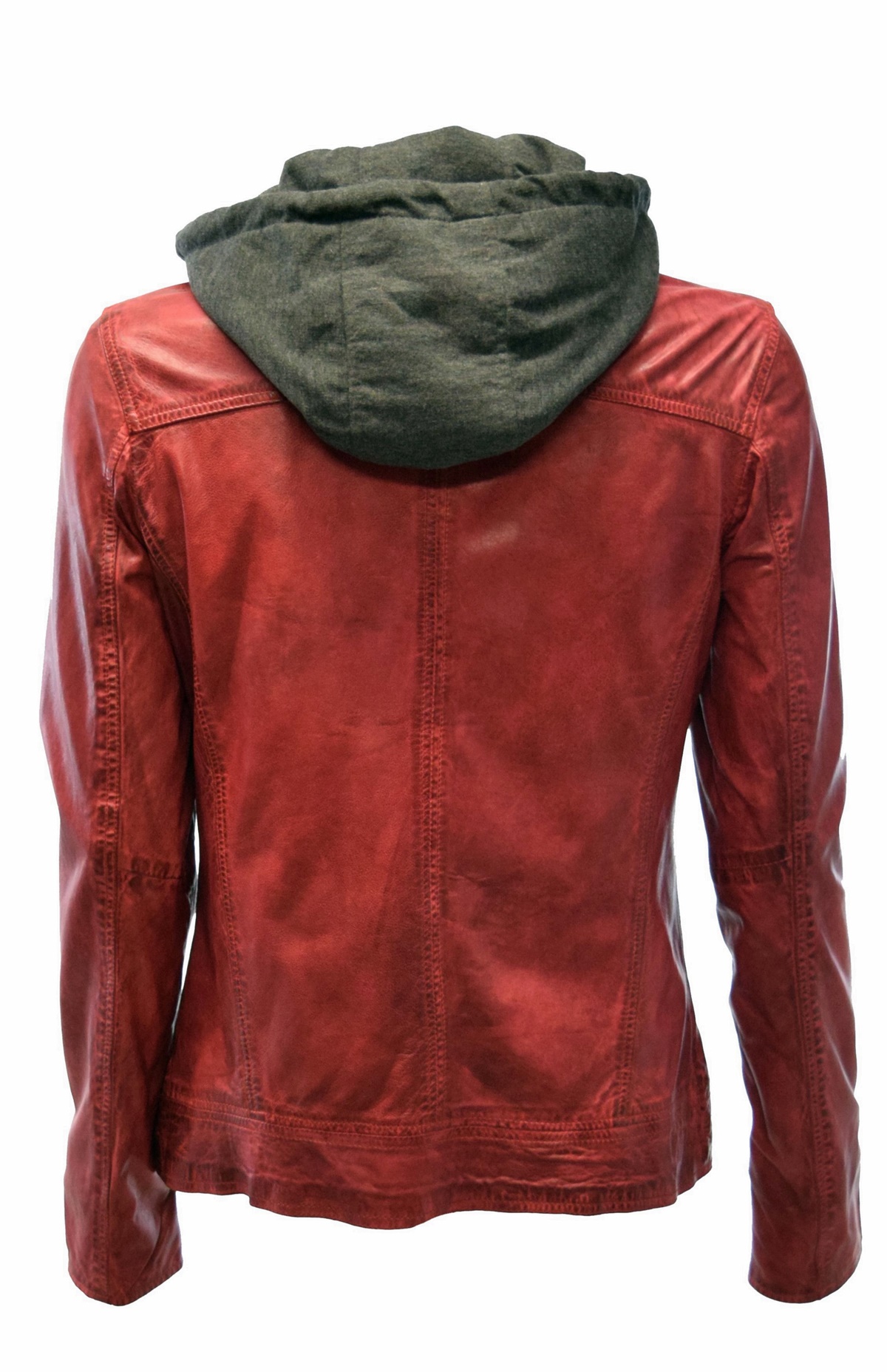 Damen Lederjacke Jersei in washed Rot mit Kapuze