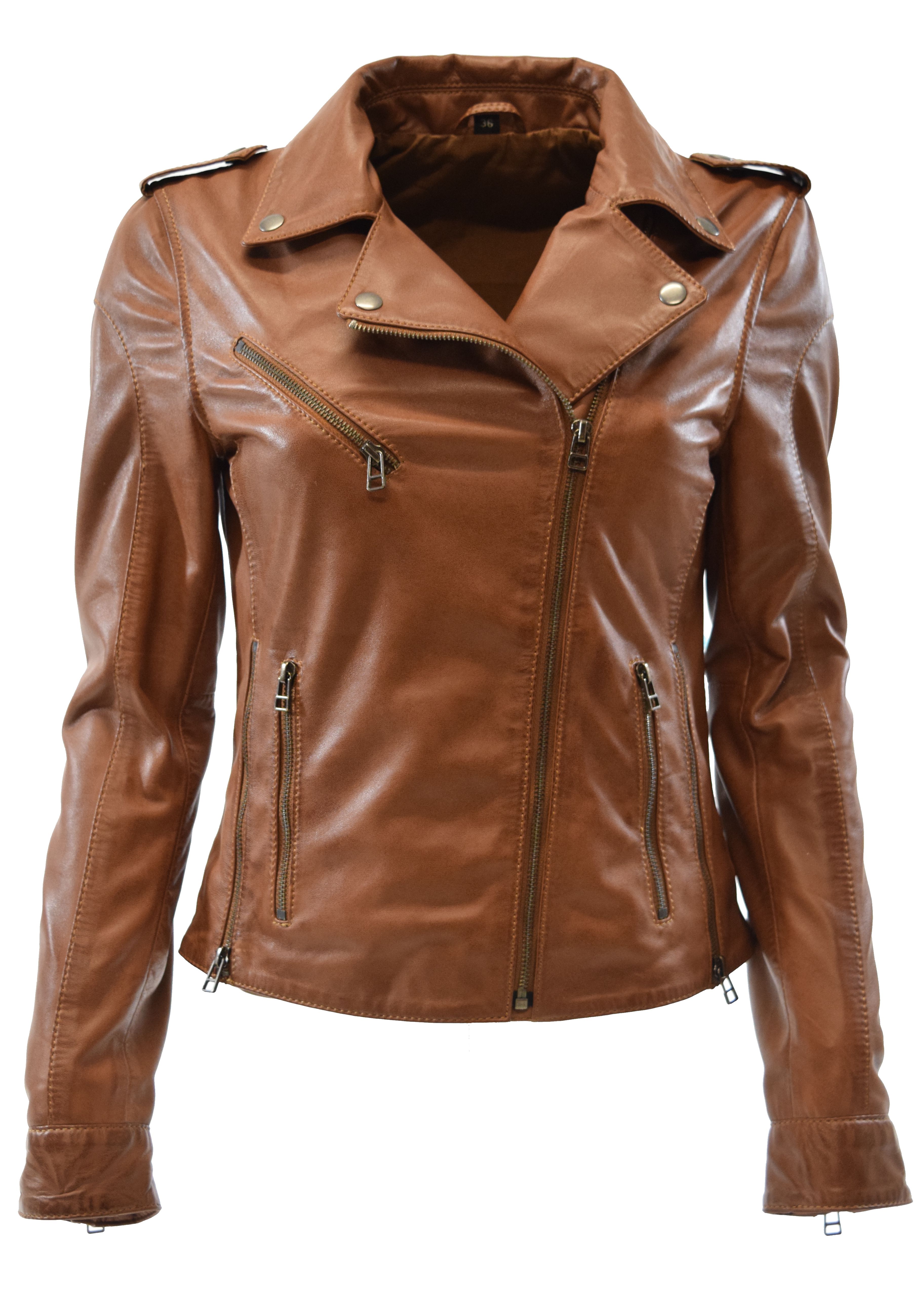 Damen Lammnappa Biker Lederjacke Sibilla Cognac Braun