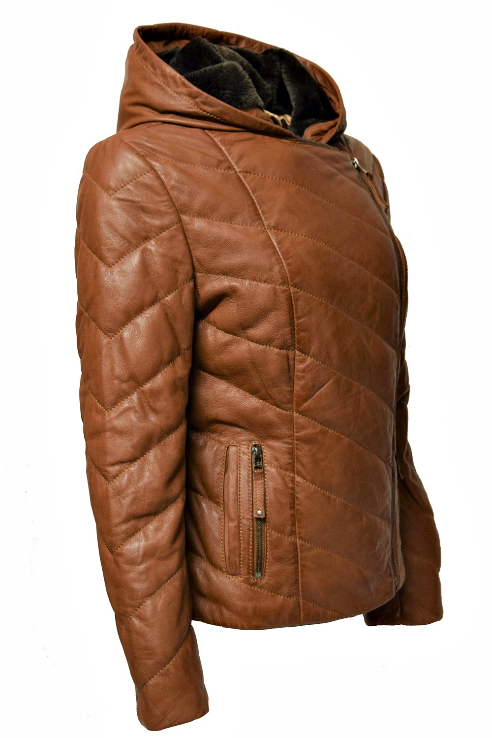 Damen Stepp-Lederjacke Mariella mit Kapuzenkragen in Dunkelcognac