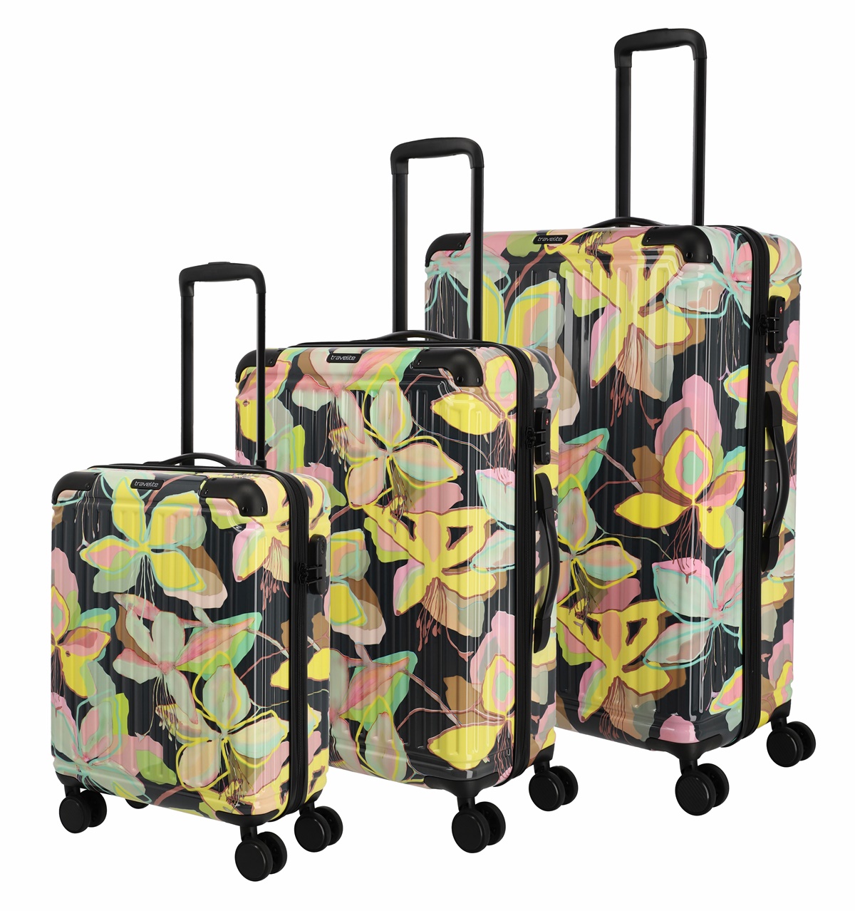 Travelite 3tlg Trolley Set Cruise S 55 cm M 67 cm L 77 cm mit 4 Rollen Gelbe Orchidee