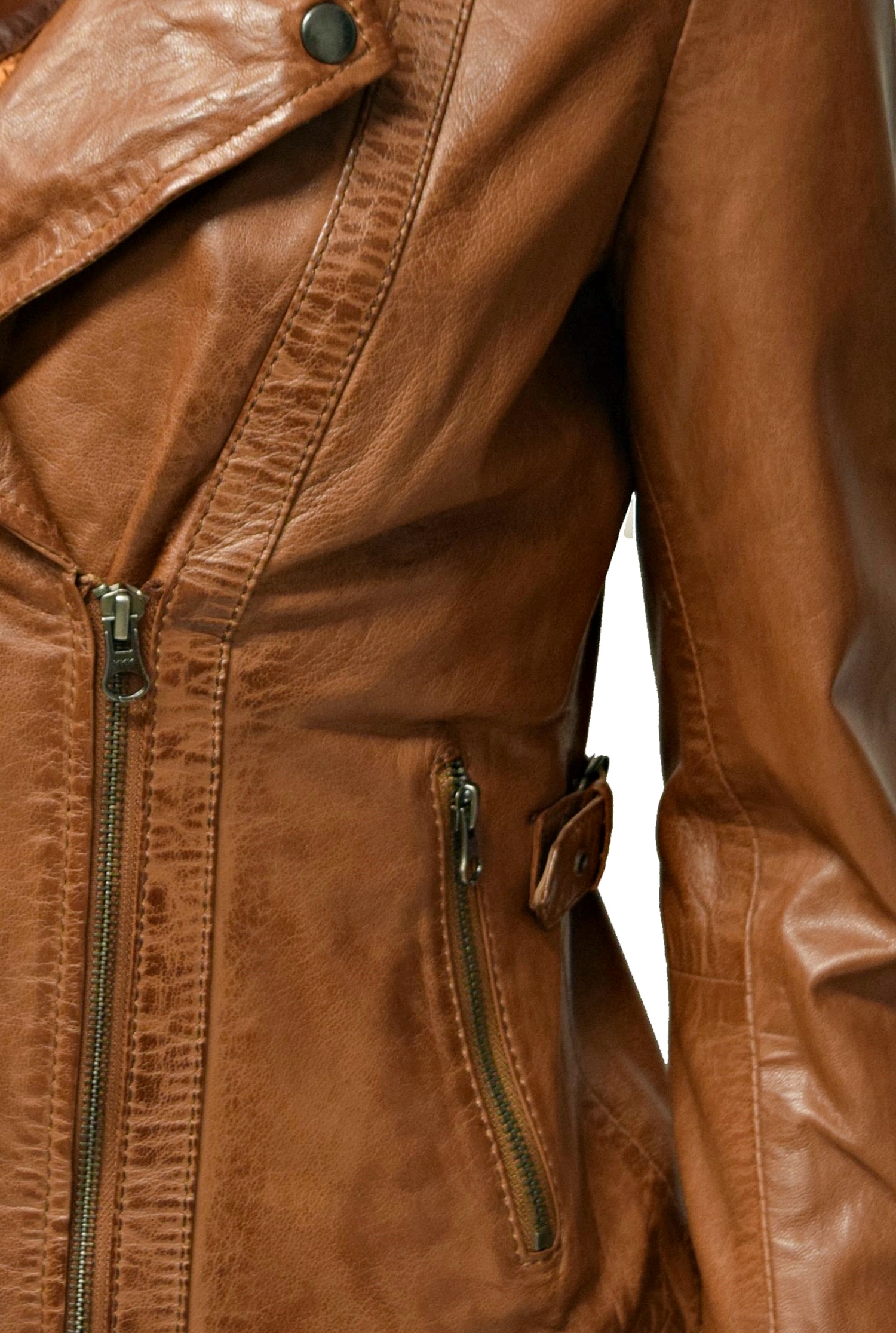 Damen Lederjacke Stella im Biker Stil in Cognac Braun