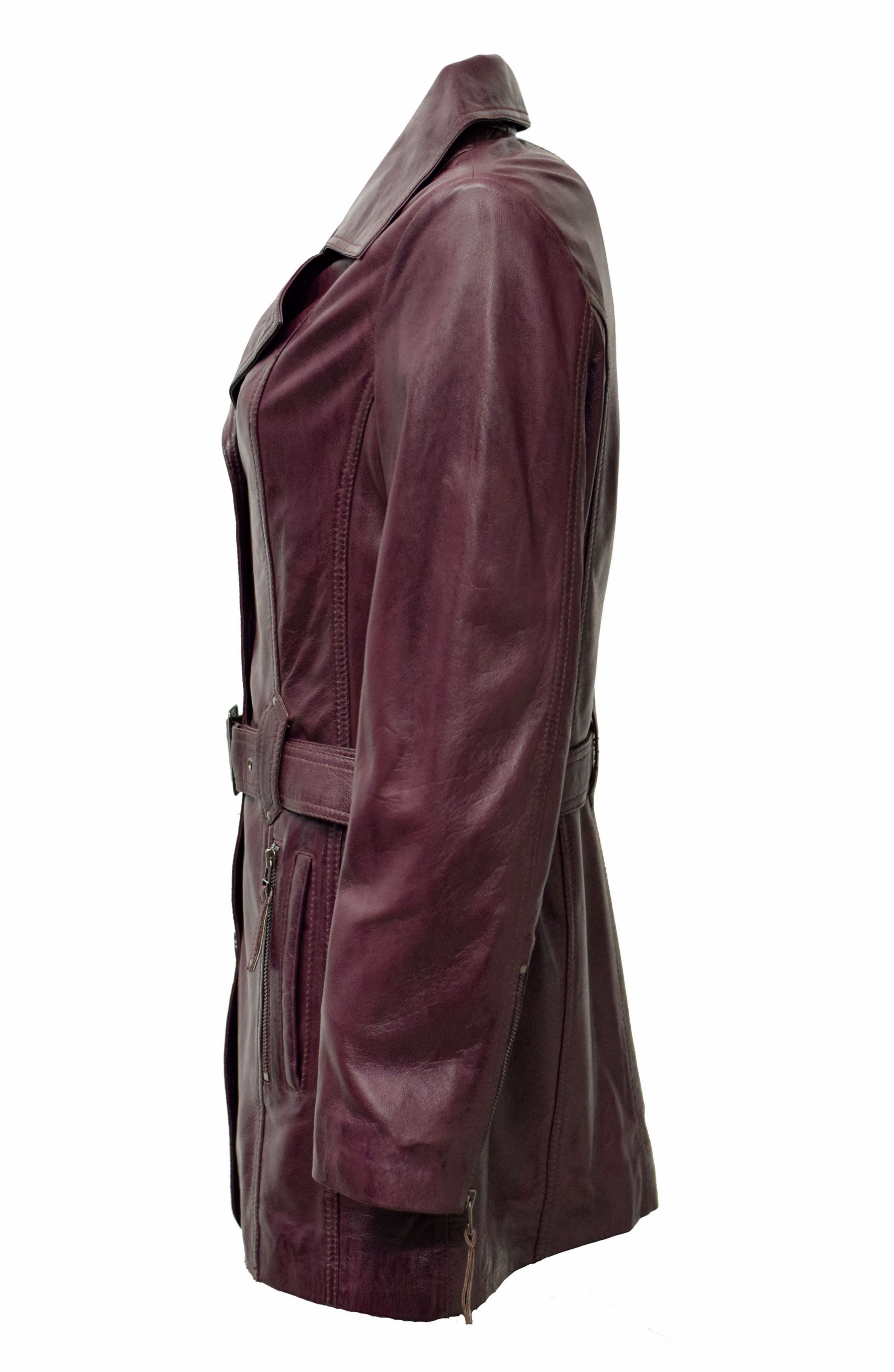 Damen Ledermantel Kaja in washed Burgund