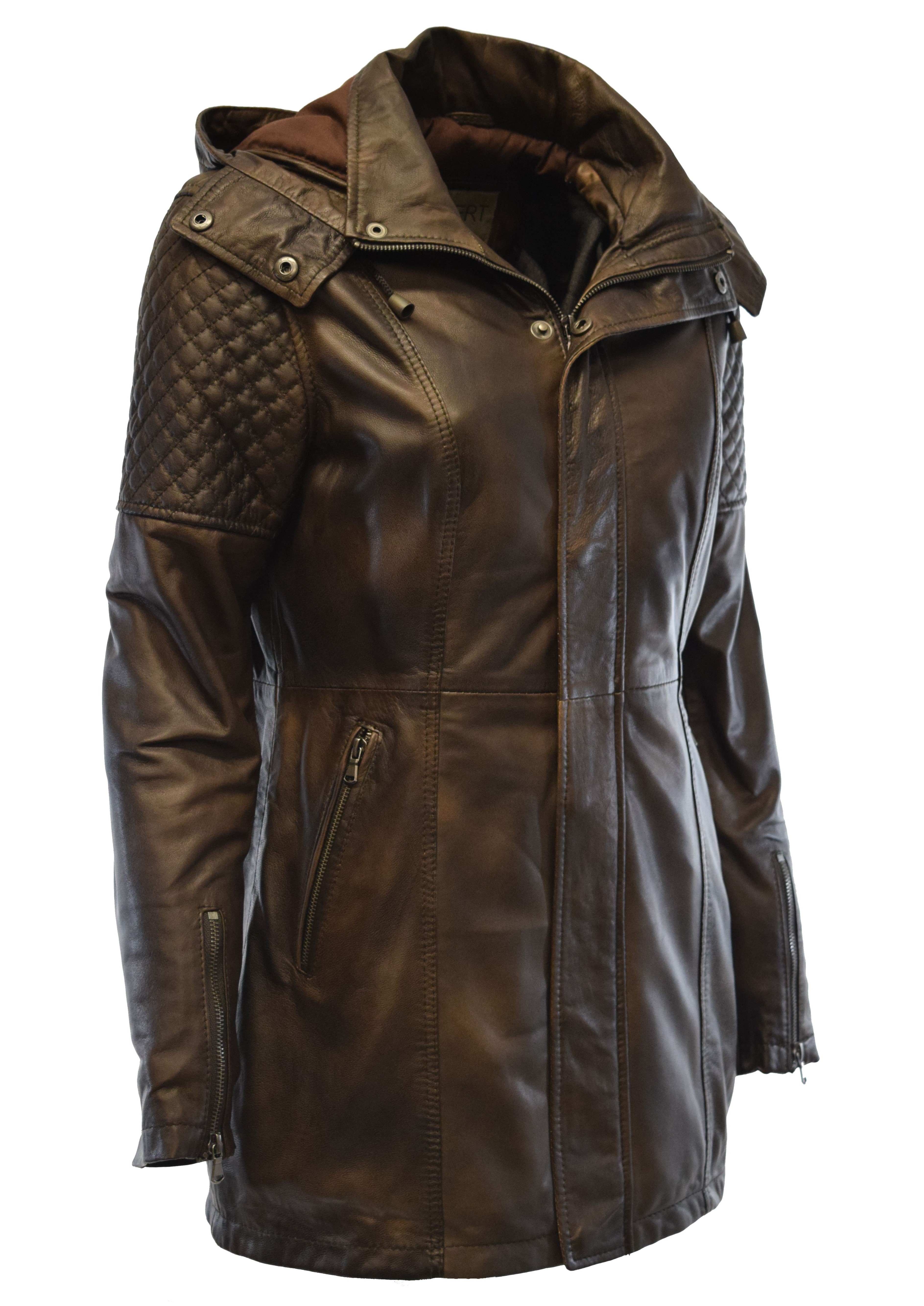 Damen Lederjacke Marta in washed Mocca mit Kapuze
