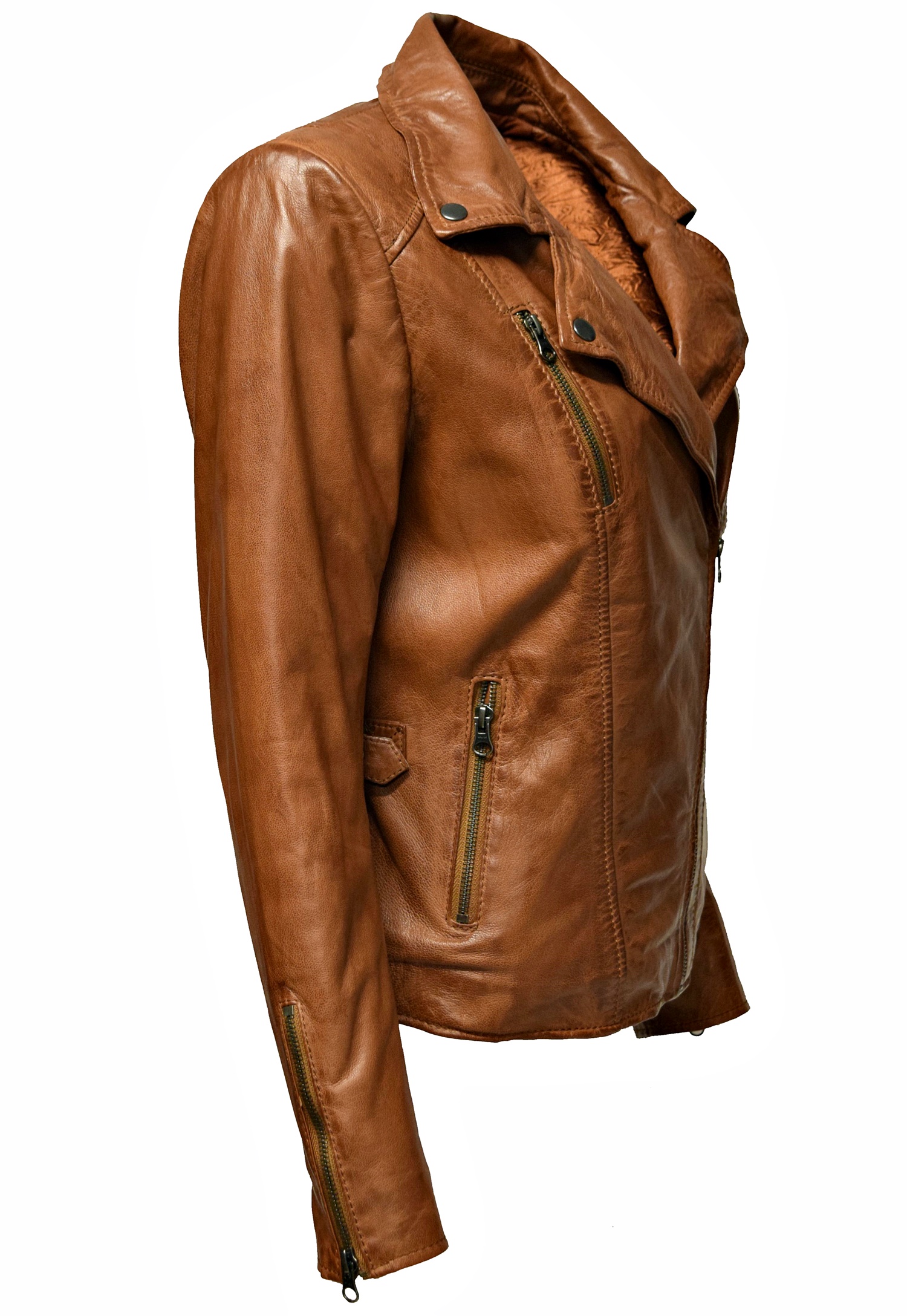 Damen Lederjacke Stella im Biker Stil in Cognac Braun